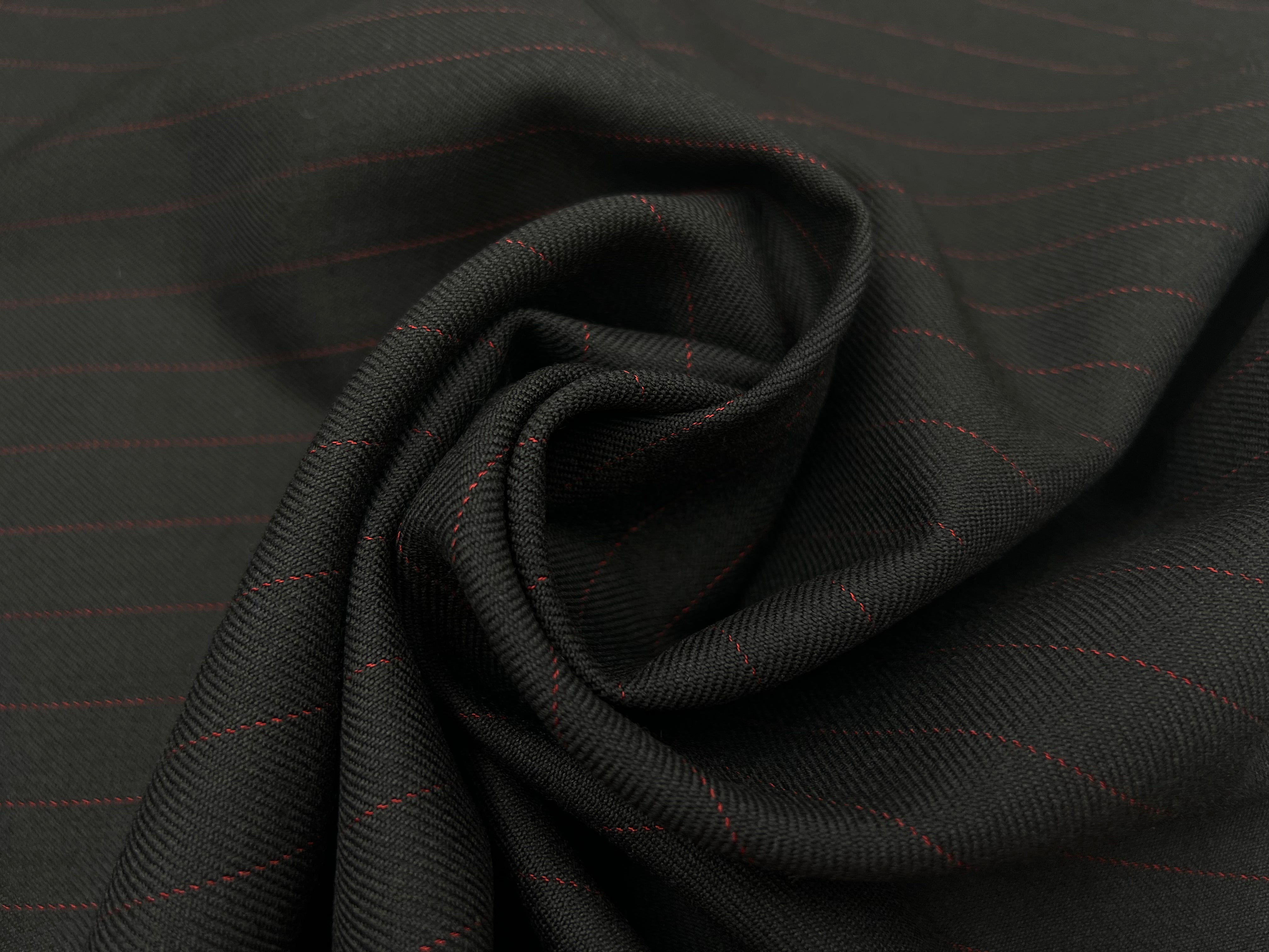 GABARDINE DE LAINE NOIRE FINE RAYURES ROUGE MSO