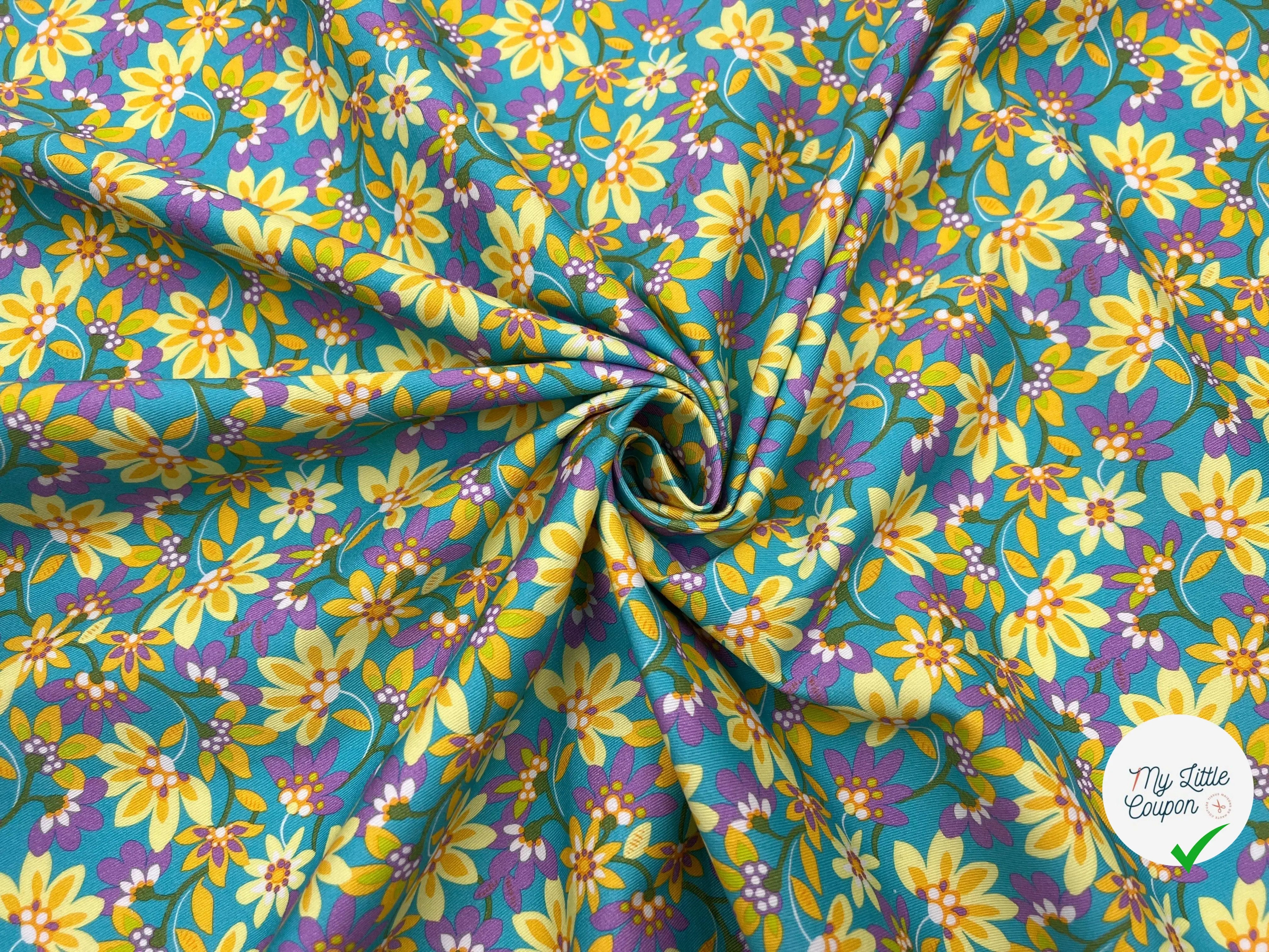 GABARDINE FINE DE COTON IMPRIMÉ FLEURS DE TURQUOISE - My Little Coupon - tissu - coudre