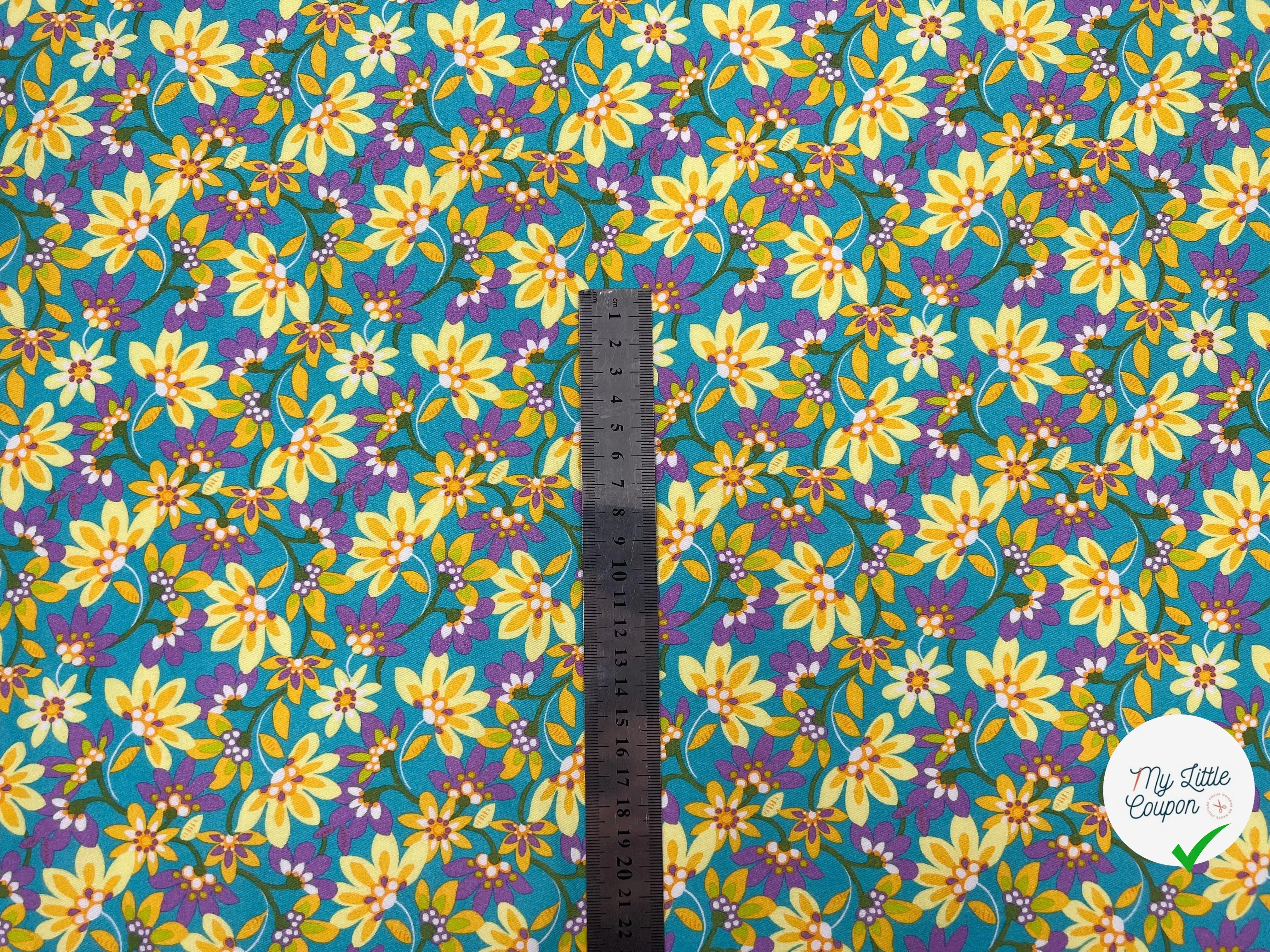 GABARDINE FINE DE COTON IMPRIMÉ FLEURS DE TURQUOISE - My Little Coupon - tissu - coudre