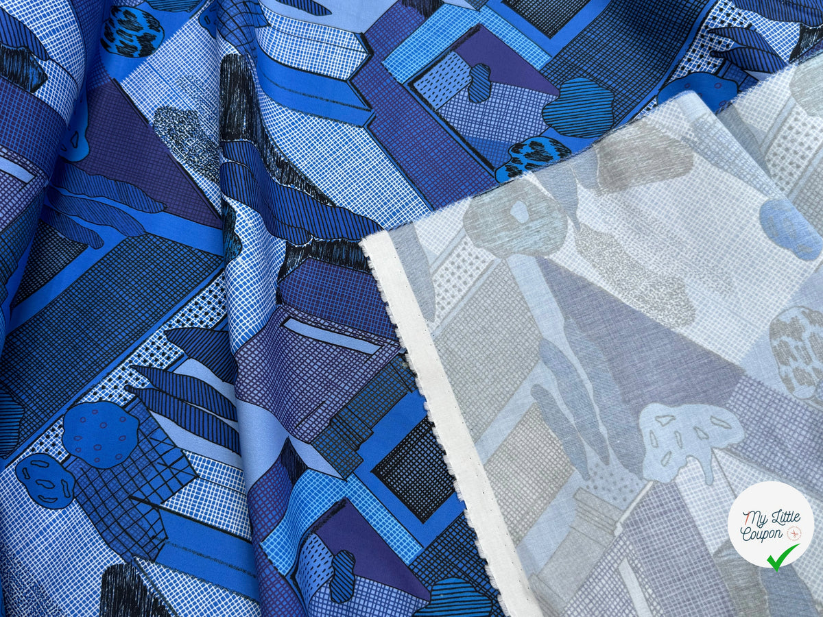 GABARDINE FINE DE COTON STRETCH IMPRIMÉ ABSTRAIT GÉOMÉTRIQUE BLEU ARTEMIDE ARCHI - My Little Coupon