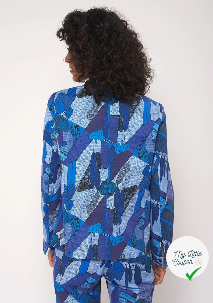 GABARDINE FINE DE COTON STRETCH IMPRIMÉ ABSTRAIT GÉOMÉTRIQUE BLEU - My Little Coupon