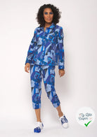 GABARDINE FINE DE COTON STRETCH IMPRIMÉ ABSTRAIT GÉOMÉTRIQUE BLEU - My Little Coupon
