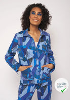GABARDINE FINE DE COTON STRETCH IMPRIMÉ ABSTRAIT GÉOMÉTRIQUE BLEU - My Little Coupon