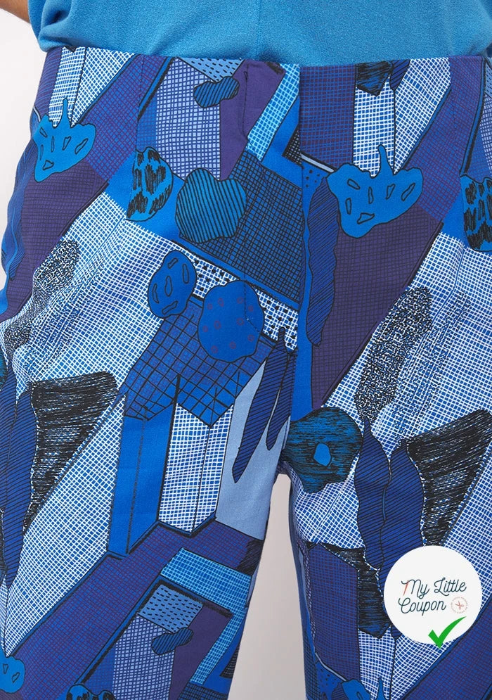 GABARDINE FINE DE COTON STRETCH IMPRIMÉ ABSTRAIT GÉOMÉTRIQUE BLEU - My Little Coupon