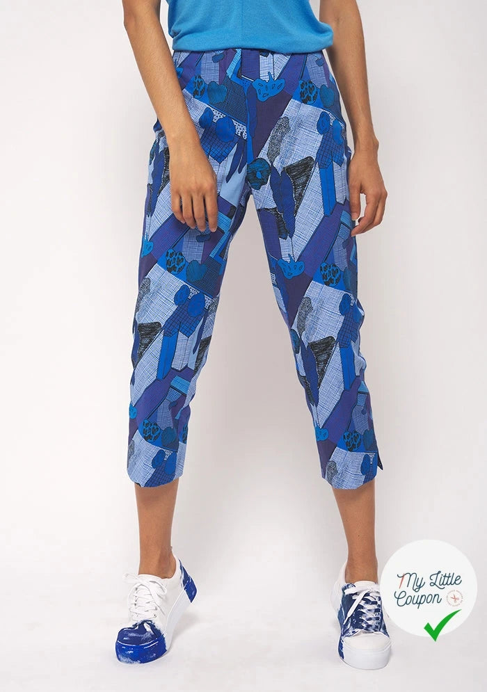 GABARDINE FINE DE COTON STRETCH IMPRIMÉ ABSTRAIT GÉOMÉTRIQUE BLEU - My Little Coupon
