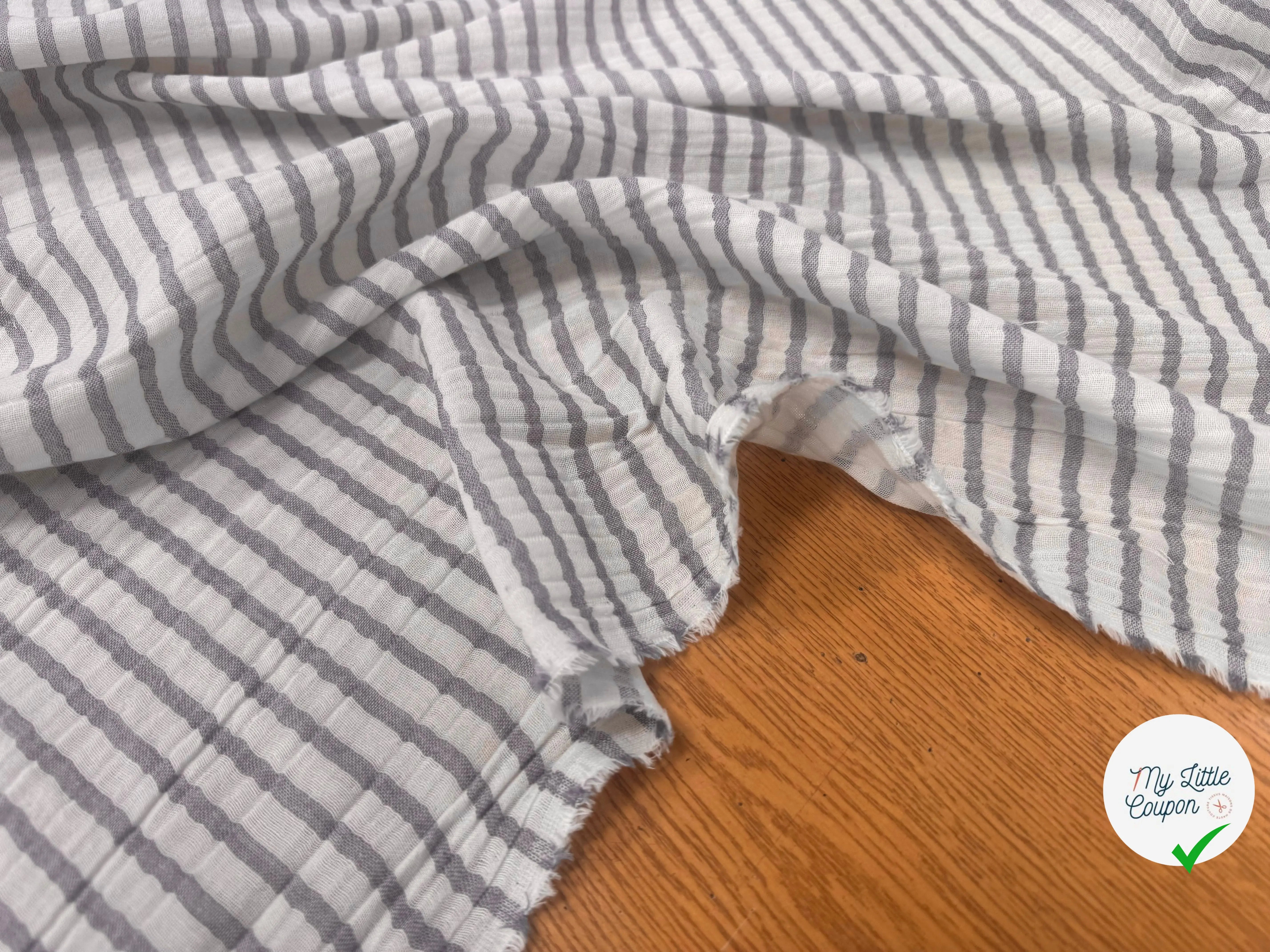 GAZE DE COTON JAPAN RAYURES GRIS BLEU FOND BLANC - My Little Coupon