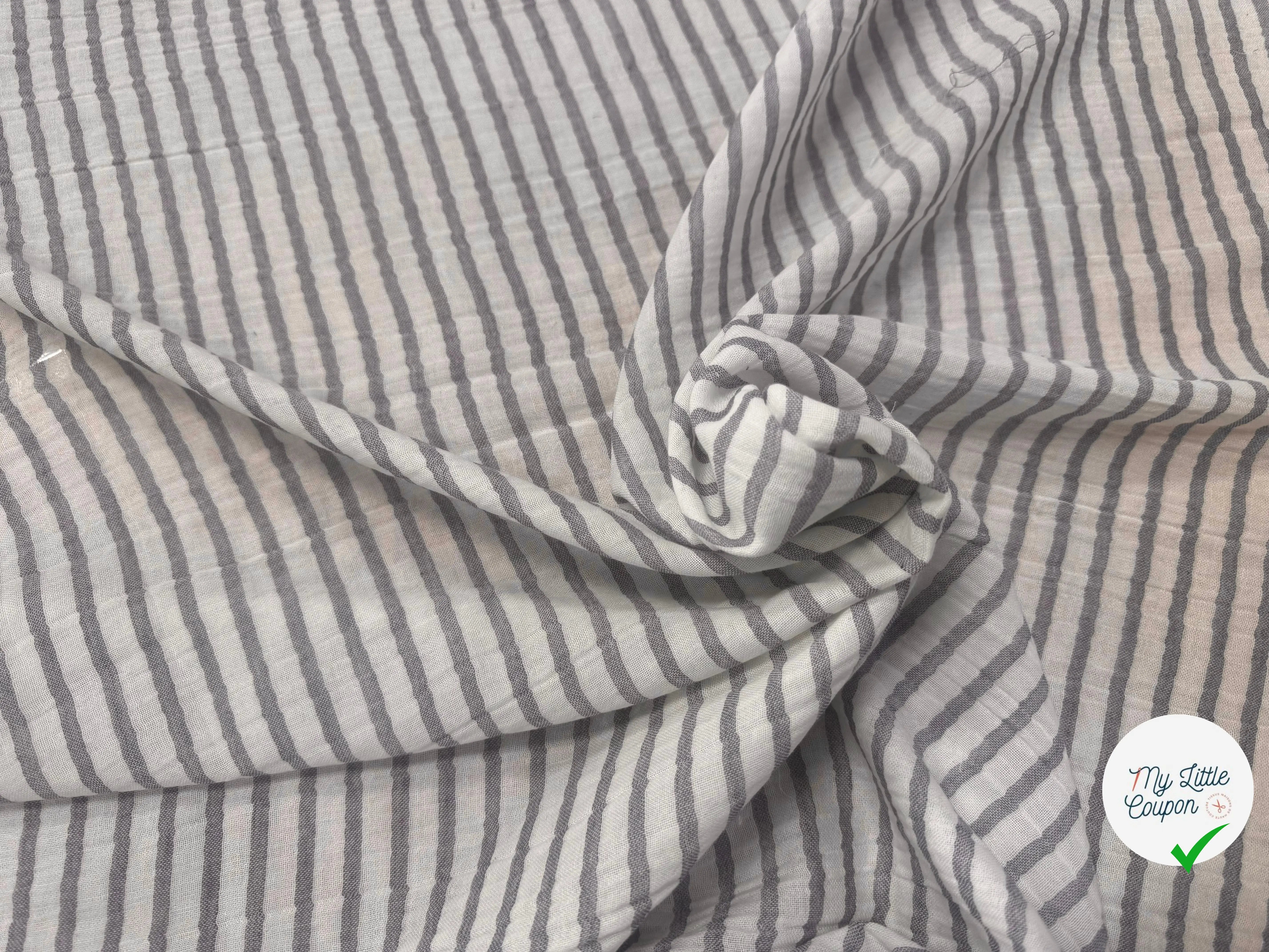 GAZE DE COTON JAPAN RAYURES GRIS BLEU FOND BLANC - My Little Coupon