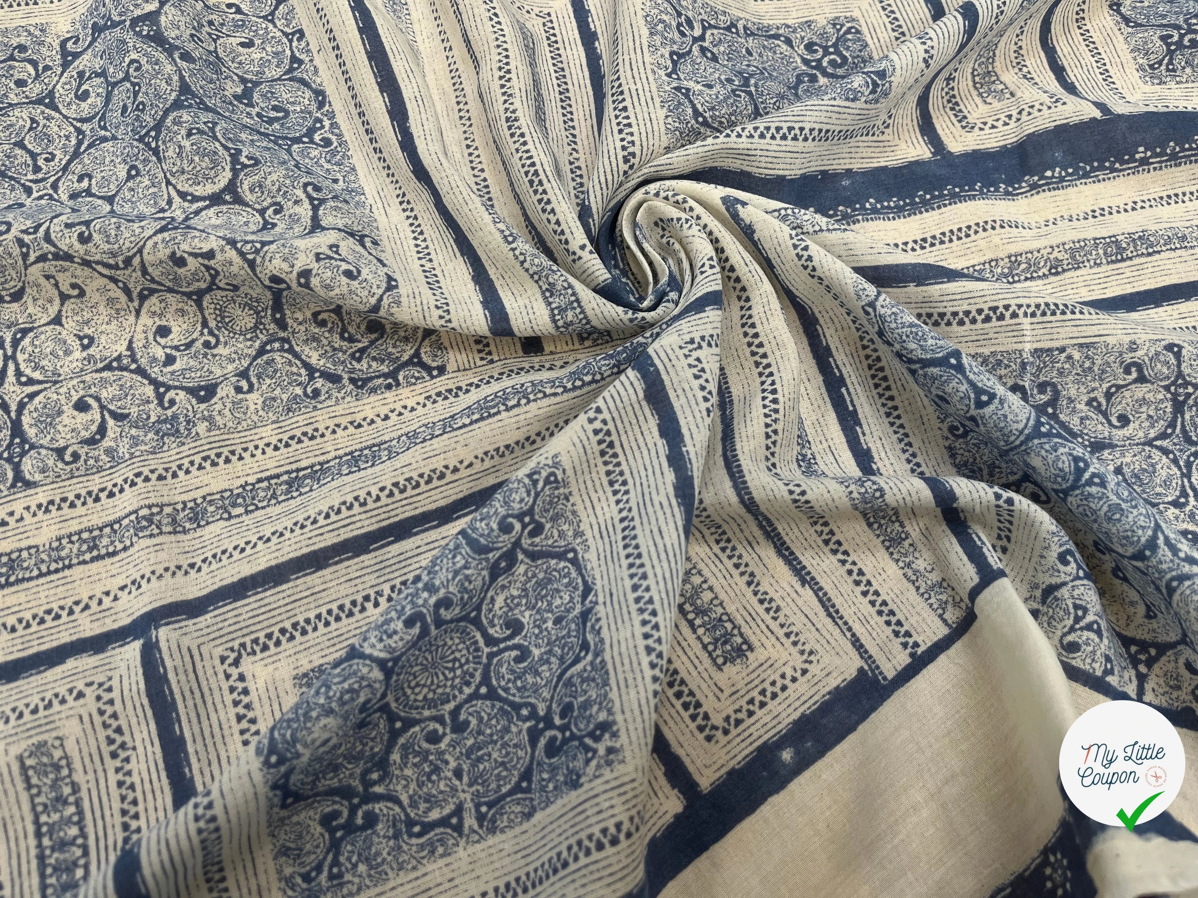 GAZE DE COTON MOTIF GÉOMETRIQUE ÉCRU BLEU CIEL - My Little Coupon