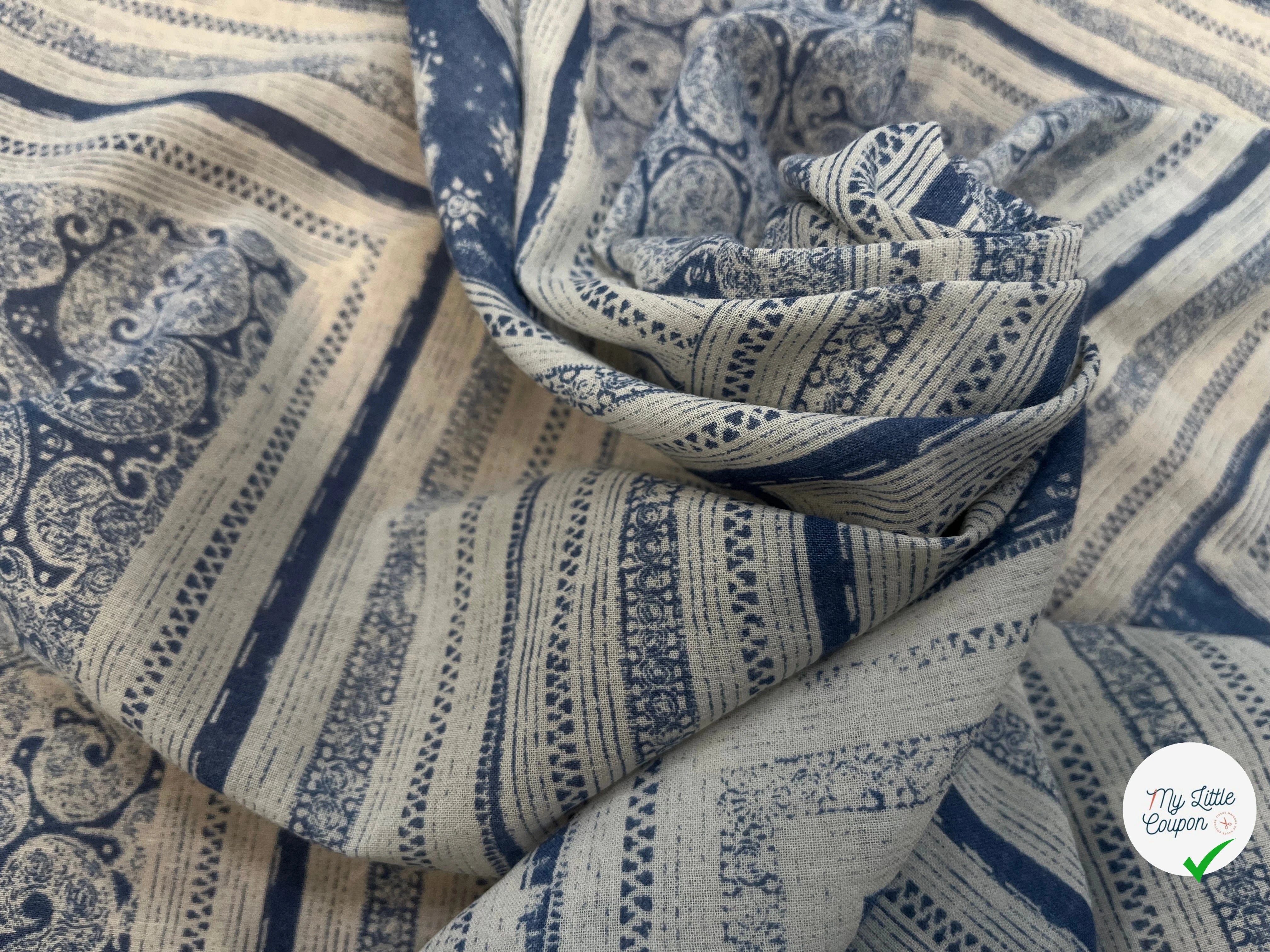 GAZE DE COTON MOTIF GÉOMETRIQUE ÉCRU BLEU CIEL - My Little Coupon