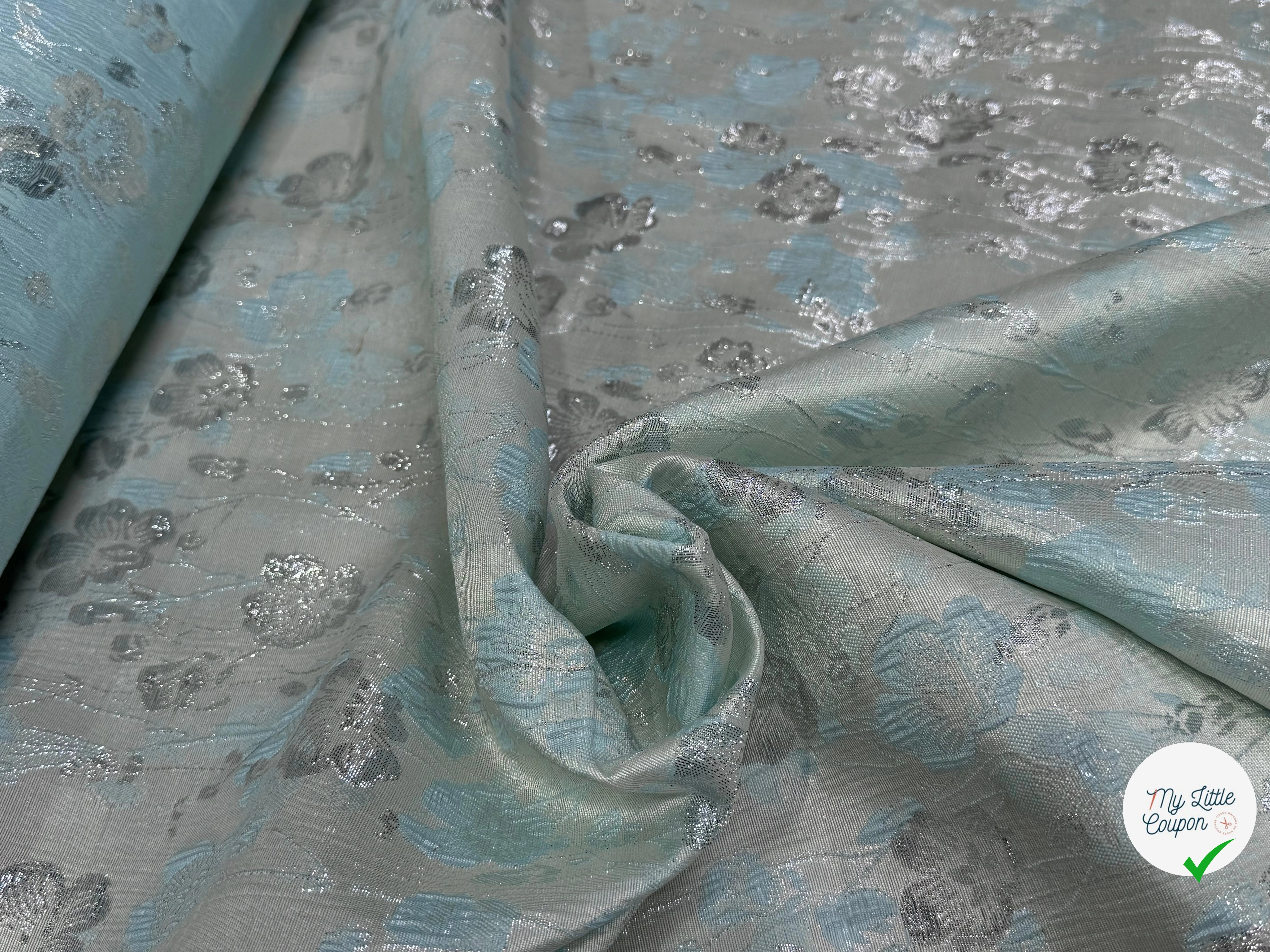 JACQUARD BROCA ARGENTÉ MOTIFS FLORAUX ACQUA - My Little Coupon