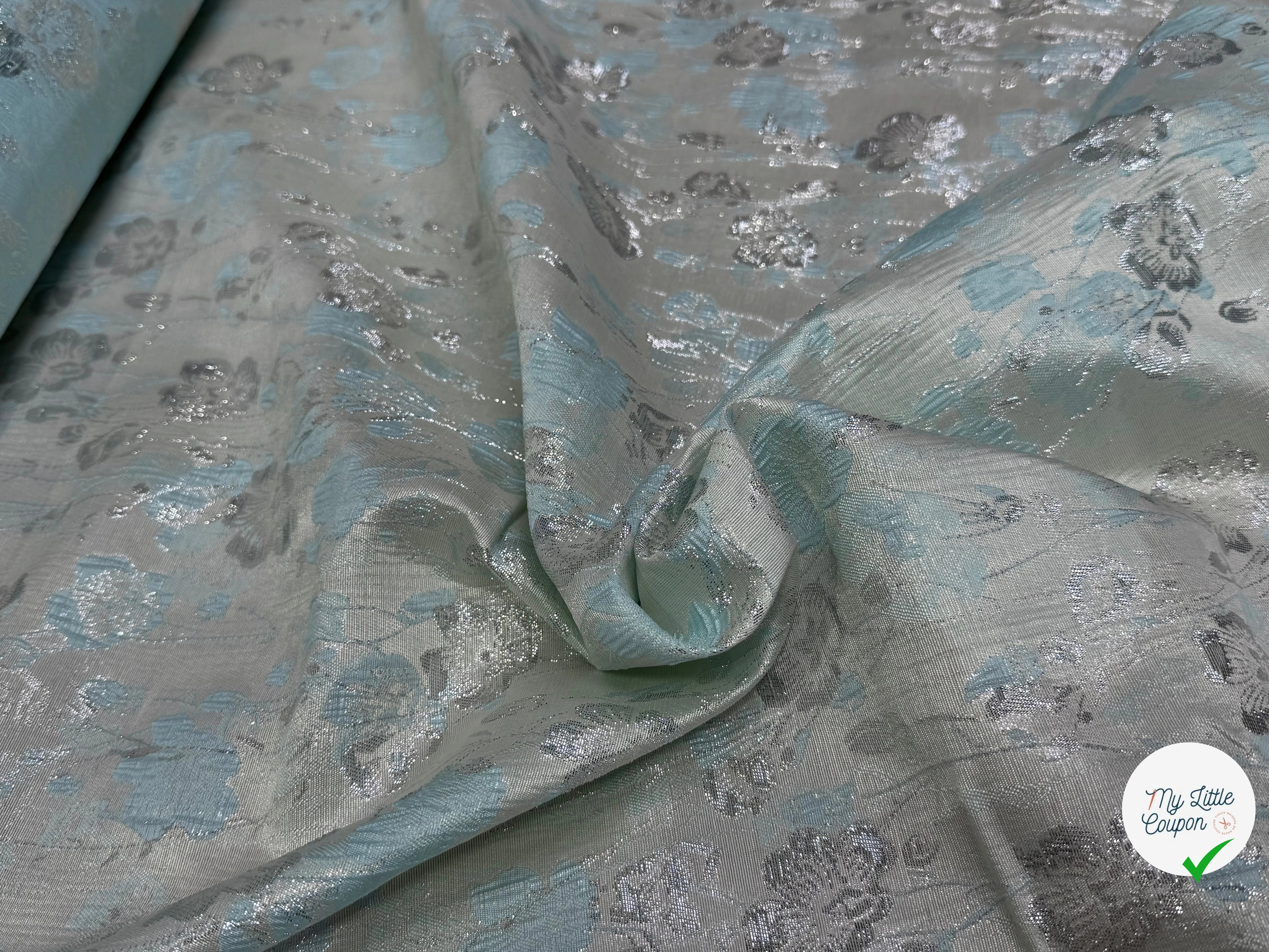 JACQUARD BROCA ARGENTÉ MOTIFS FLORAUX ACQUA - My Little Coupon