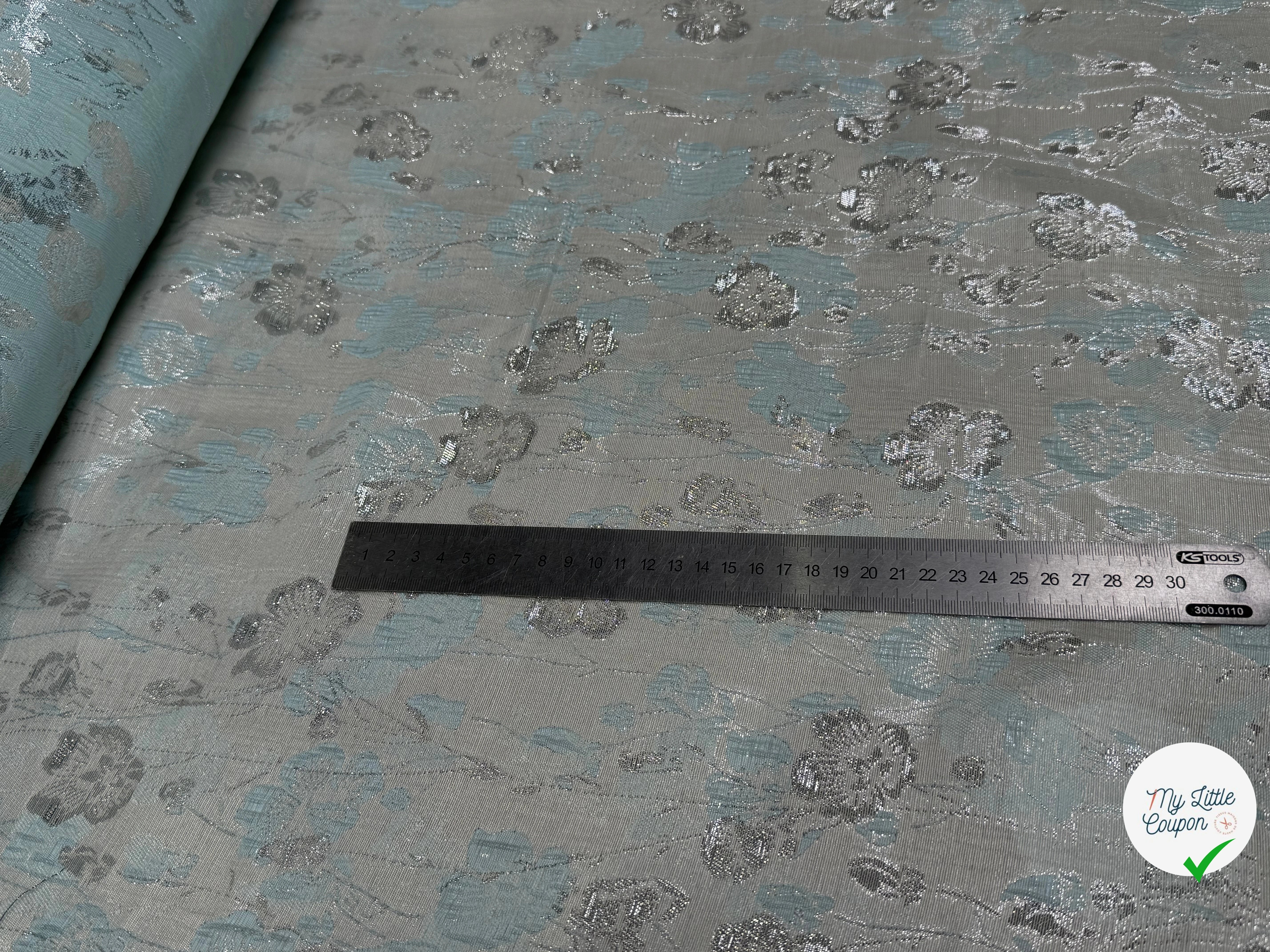 JACQUARD BROCA ARGENTÉ MOTIFS FLORAUX ACQUA - My Little Coupon