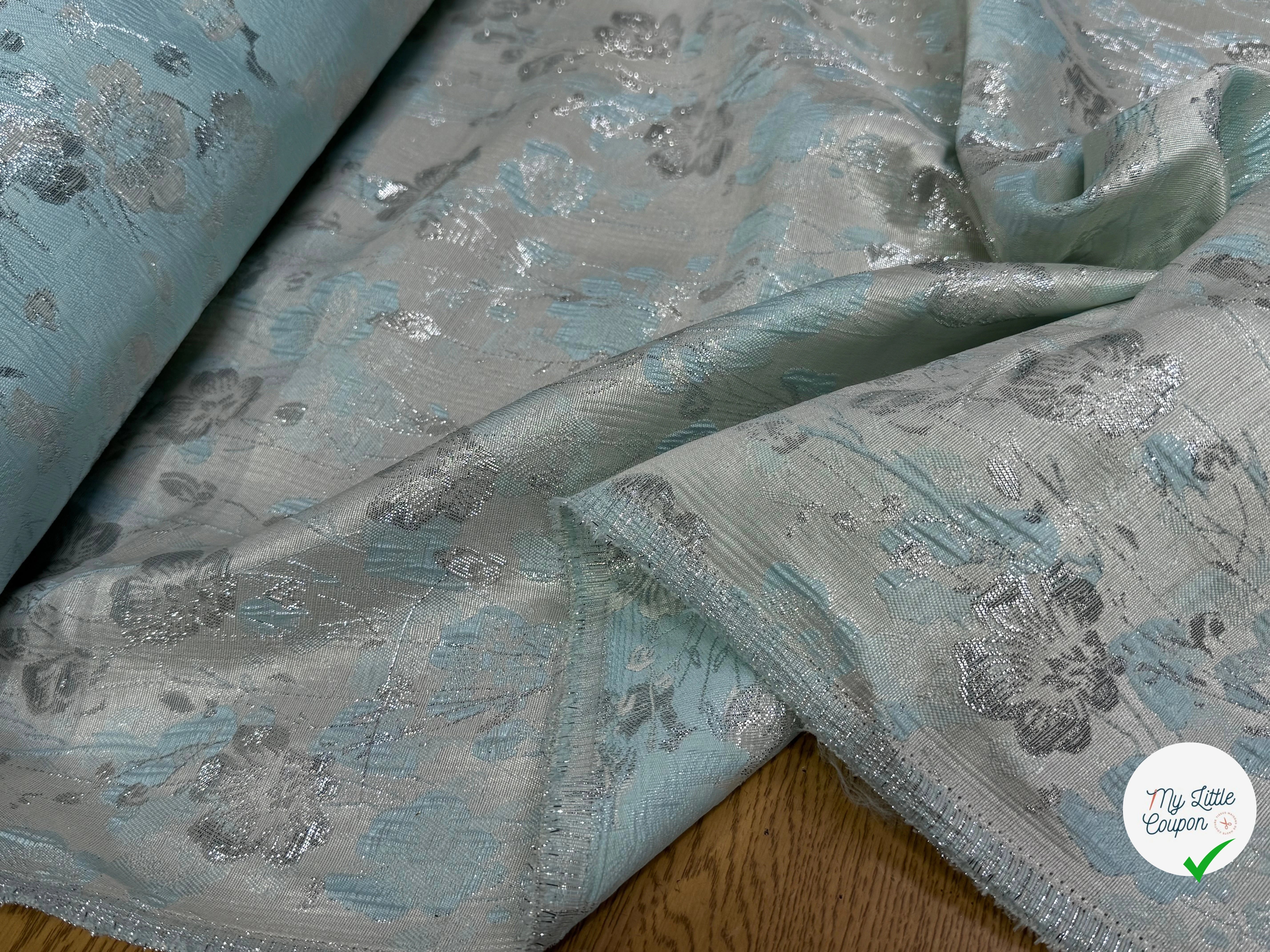 JACQUARD BROCA ARGENTÉ MOTIFS FLORAUX ACQUA - My Little Coupon