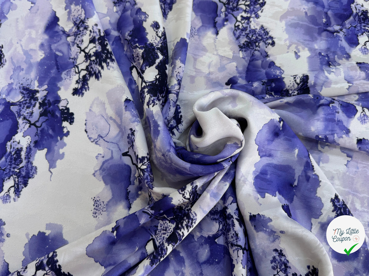 JACQUARD FLUIDE SERGÉ MOTIF ARBRES BLEU FOND ÉCRU - My Little Coupon