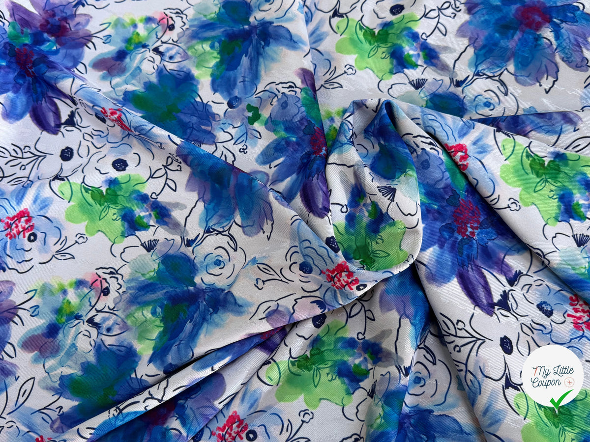 JACQUARD FLUIDE SERGÉ MOTIFS FLORAUX BLEU MULTICOLORE FOND ÉCRU - My Little Coupon