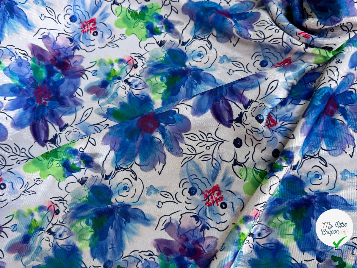 JACQUARD FLUIDE SERGÉ MOTIFS FLORAUX BLEU MULTICOLORE FOND ÉCRU - My Little Coupon
