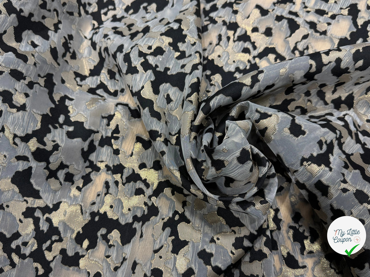 JACQUARD MÉTALLISÉ MOTIF CAMOUFLAGE ARMY NOIR ET OR - My Little Coupon