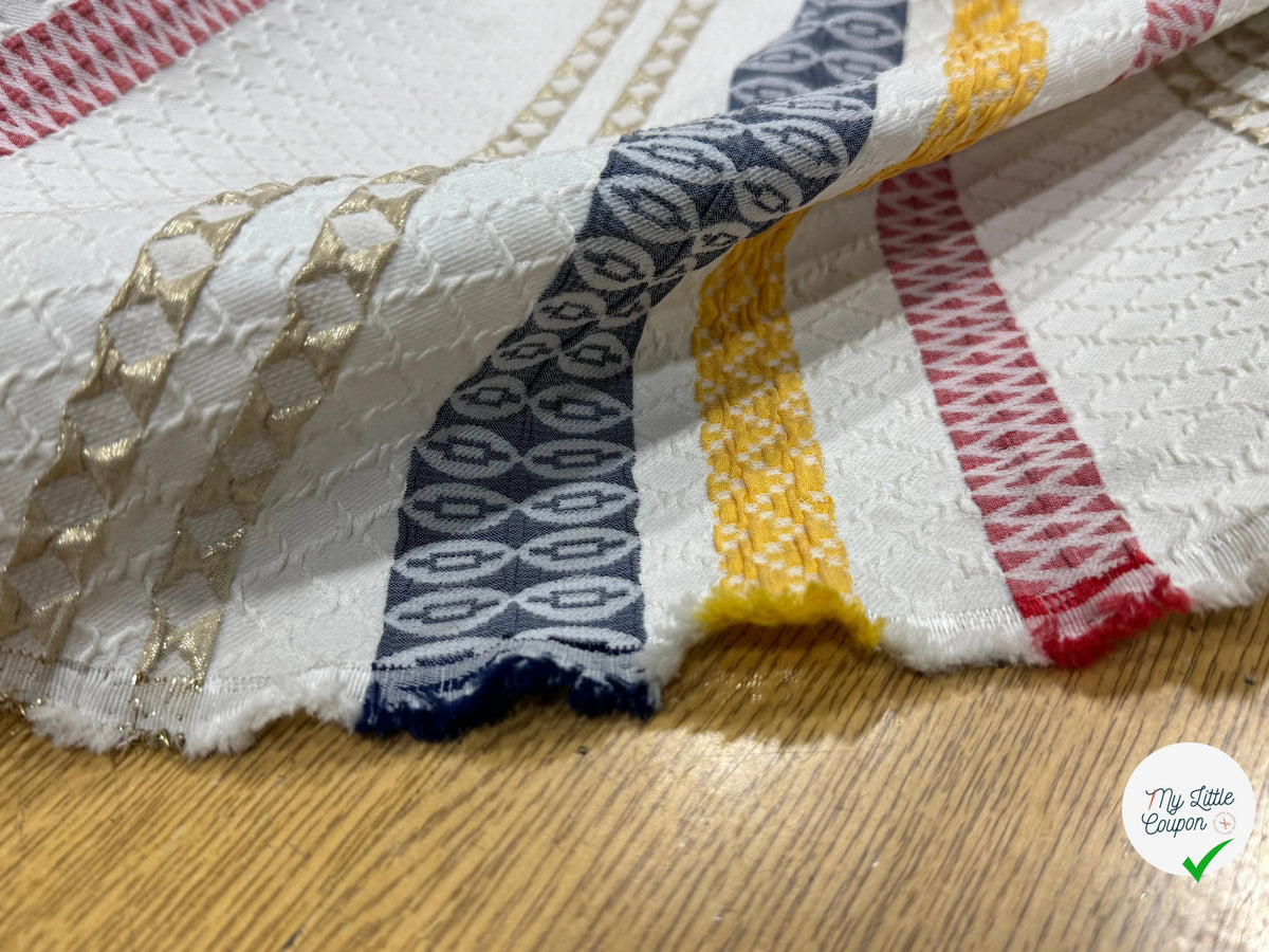JACQUARD SERGÉ LÉGÈREMENT STRETCH MOTIF GÉOMÉTRIQUE GROSSES RAYURES MULTICOLORE - My Little Coupon