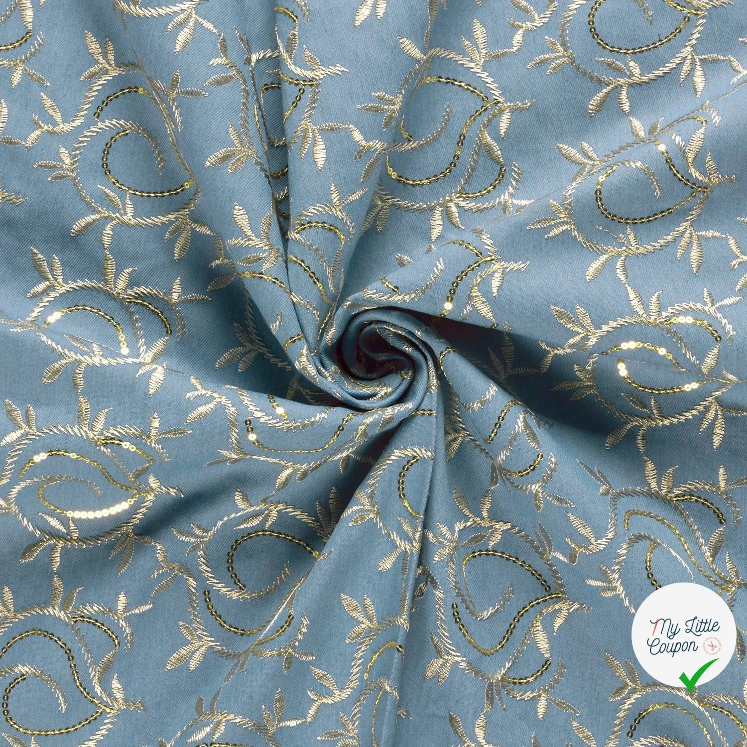 JEAN BRODÉ FEUILLES BLEU CLAIR 70% COTON - My Little Coupon