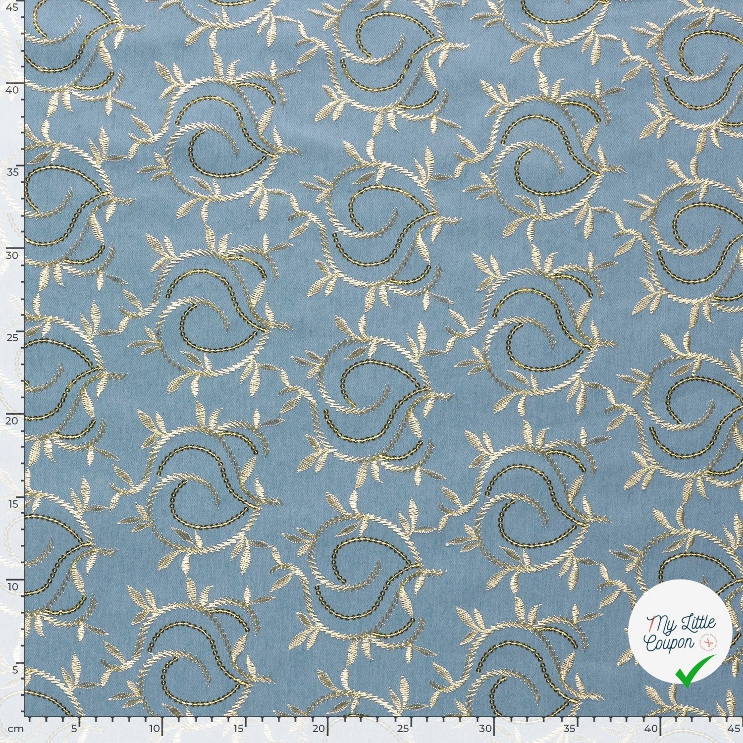JEAN BRODÉ FEUILLES BLEU CLAIR 70% COTON - My Little Coupon