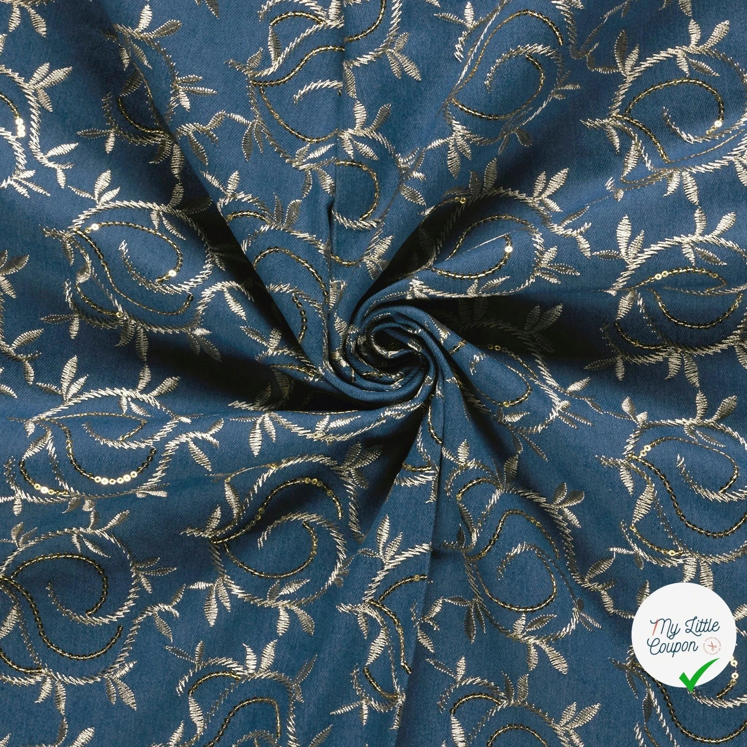 JEAN BRODÉ FEUILLES INDIGO 70% COTON - My Little Coupon