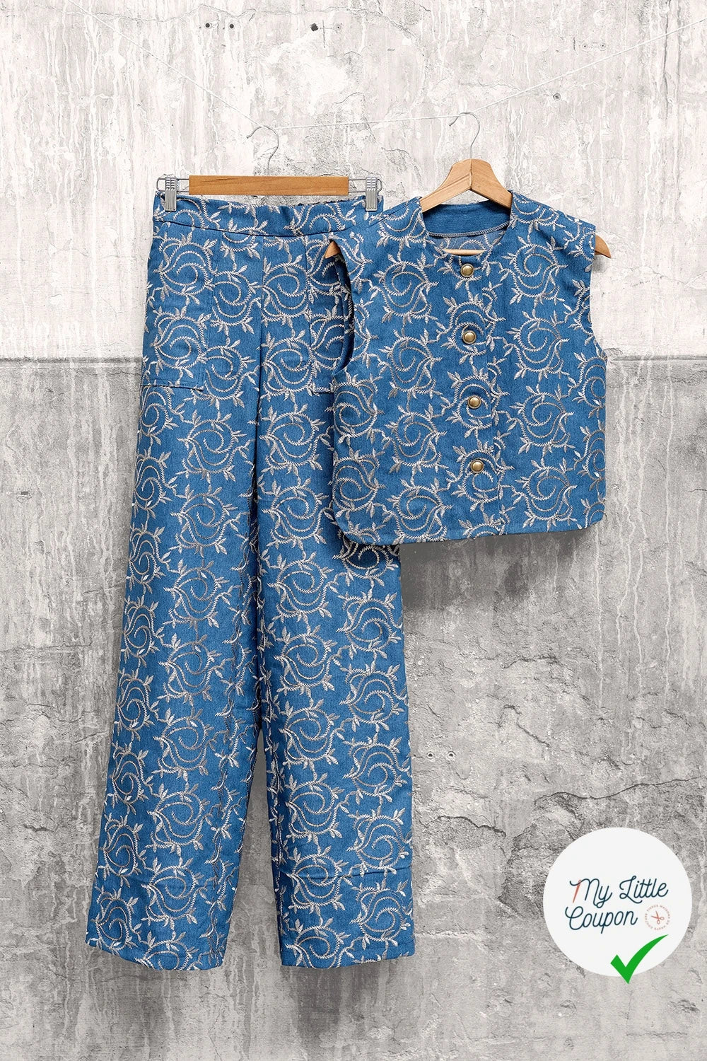 JEAN BRODÉ FEUILLES INDIGO 70% COTON - My Little Coupon