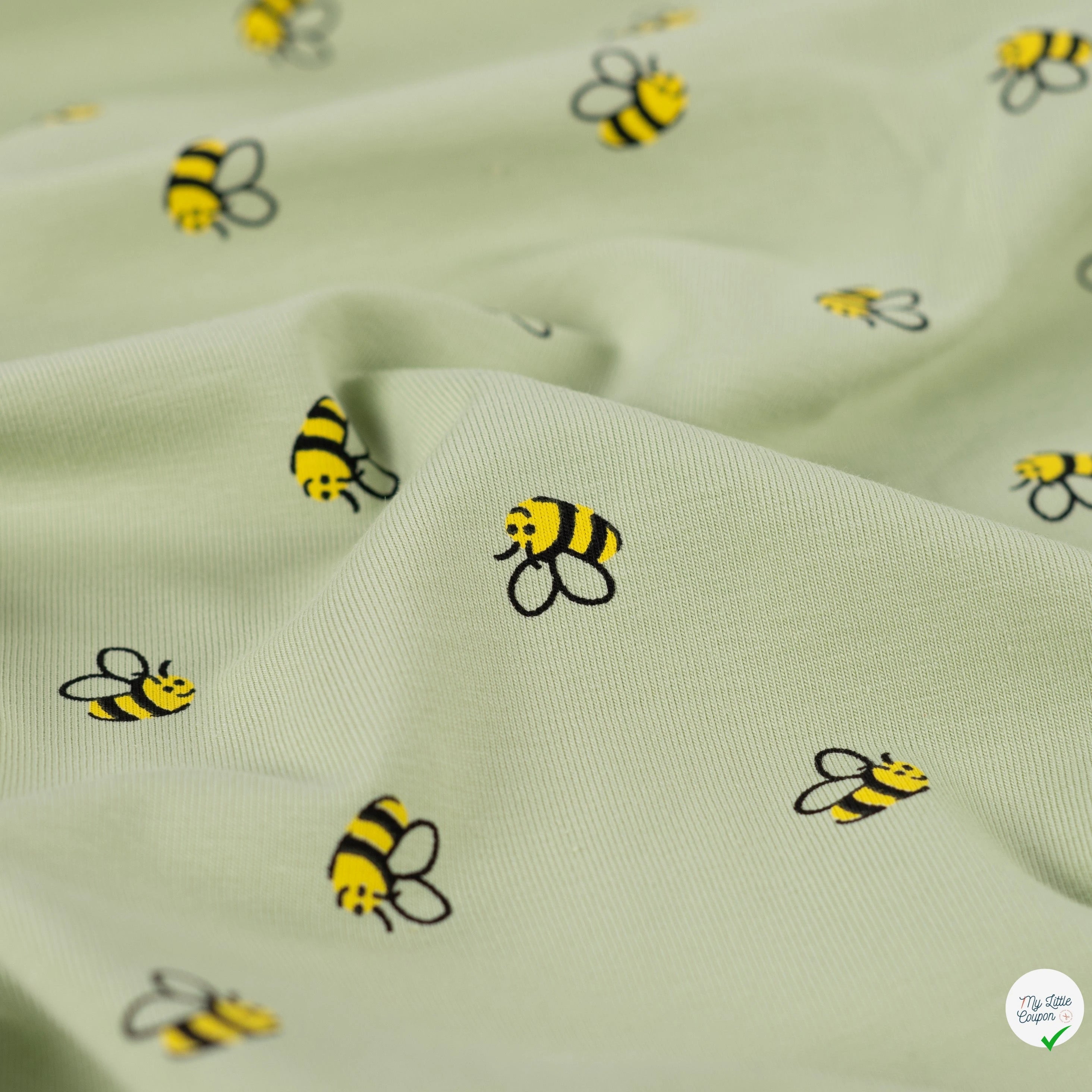 JERSEY COTON 5% ELASTHANNE MOTIFS ABEILLES FOND VERT - My Little Coupon