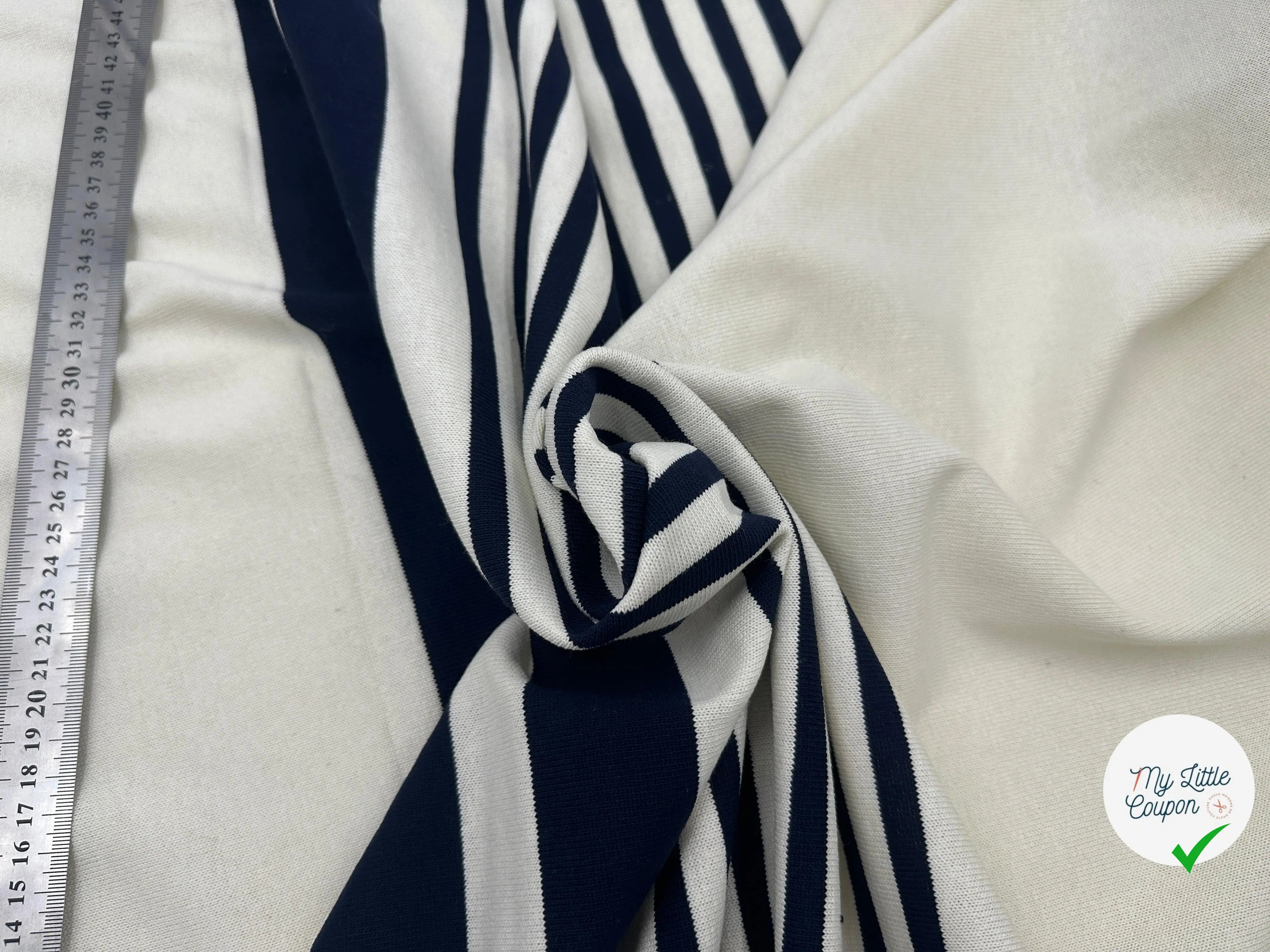 JERSEY COTON BLANC DIFFÉRENTES RAYURES BLEUES - My Little Coupon - tissu - coudre