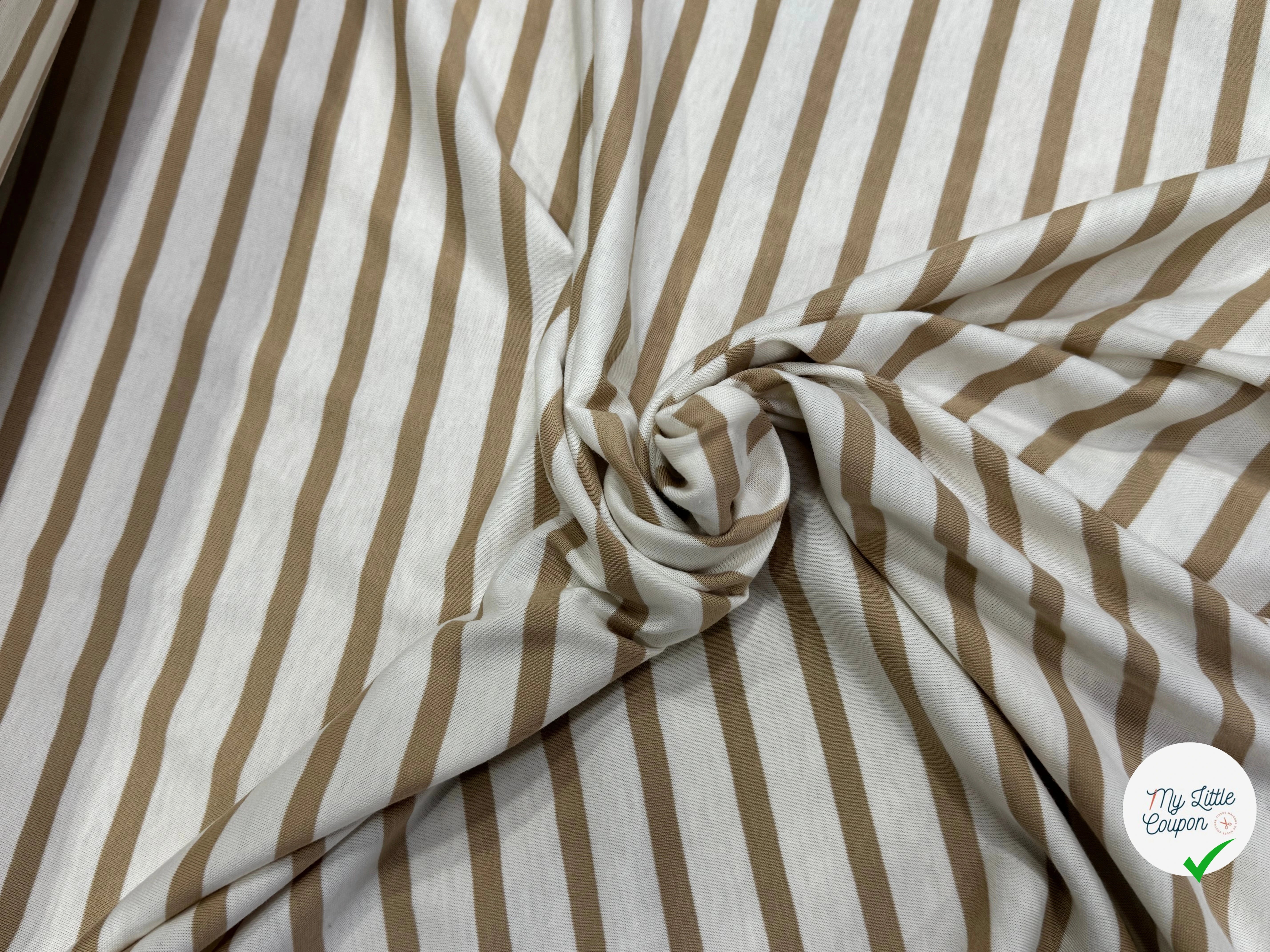 JERSEY DE COTON DOUX STRETCH RAYURES BLANC CASSÉ ET CAFÉ LATTE FABRICATION RÉGION DE TROYES 🇫🇷 - My Little Coupon