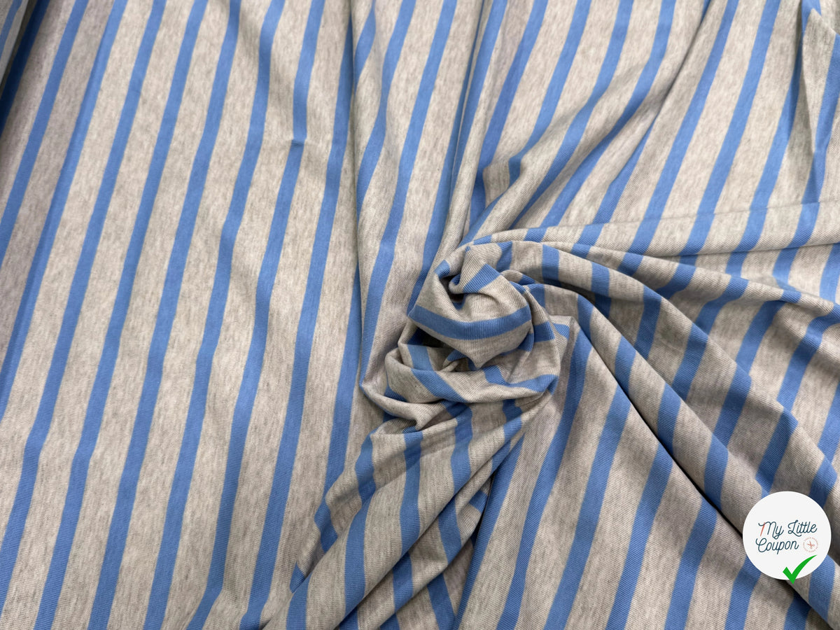 JERSEY DE COTON DOUX STRETCH RAYURES BLEU BÉBÉ ET GRIS FABRICATION RÉGION DE TROYES 🇫🇷 - My Little Coupon