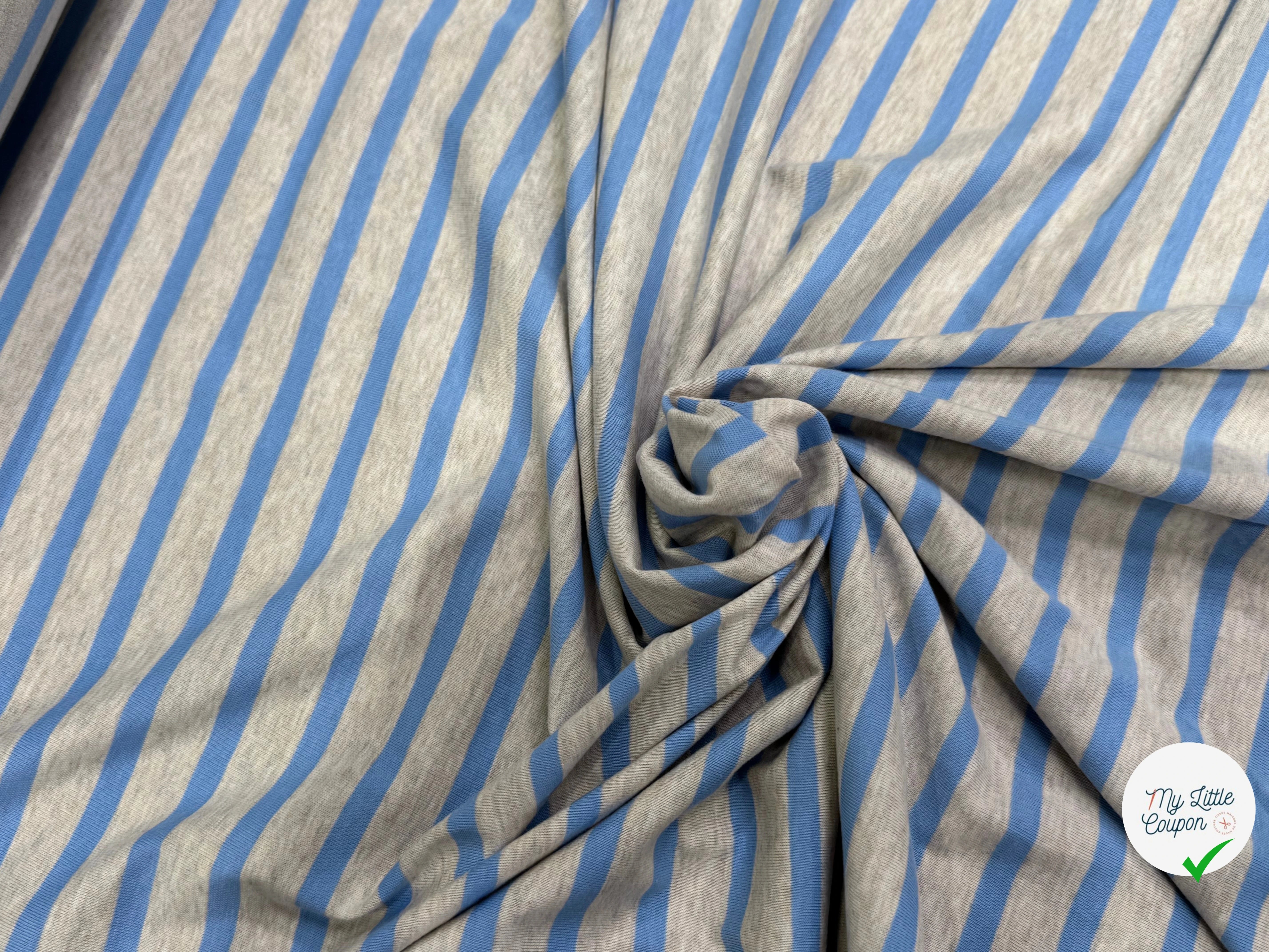 JERSEY DE COTON DOUX STRETCH RAYURES BLEU BÉBÉ ET GRIS FABRICATION RÉGION DE TROYES 🇫🇷 - My Little Coupon