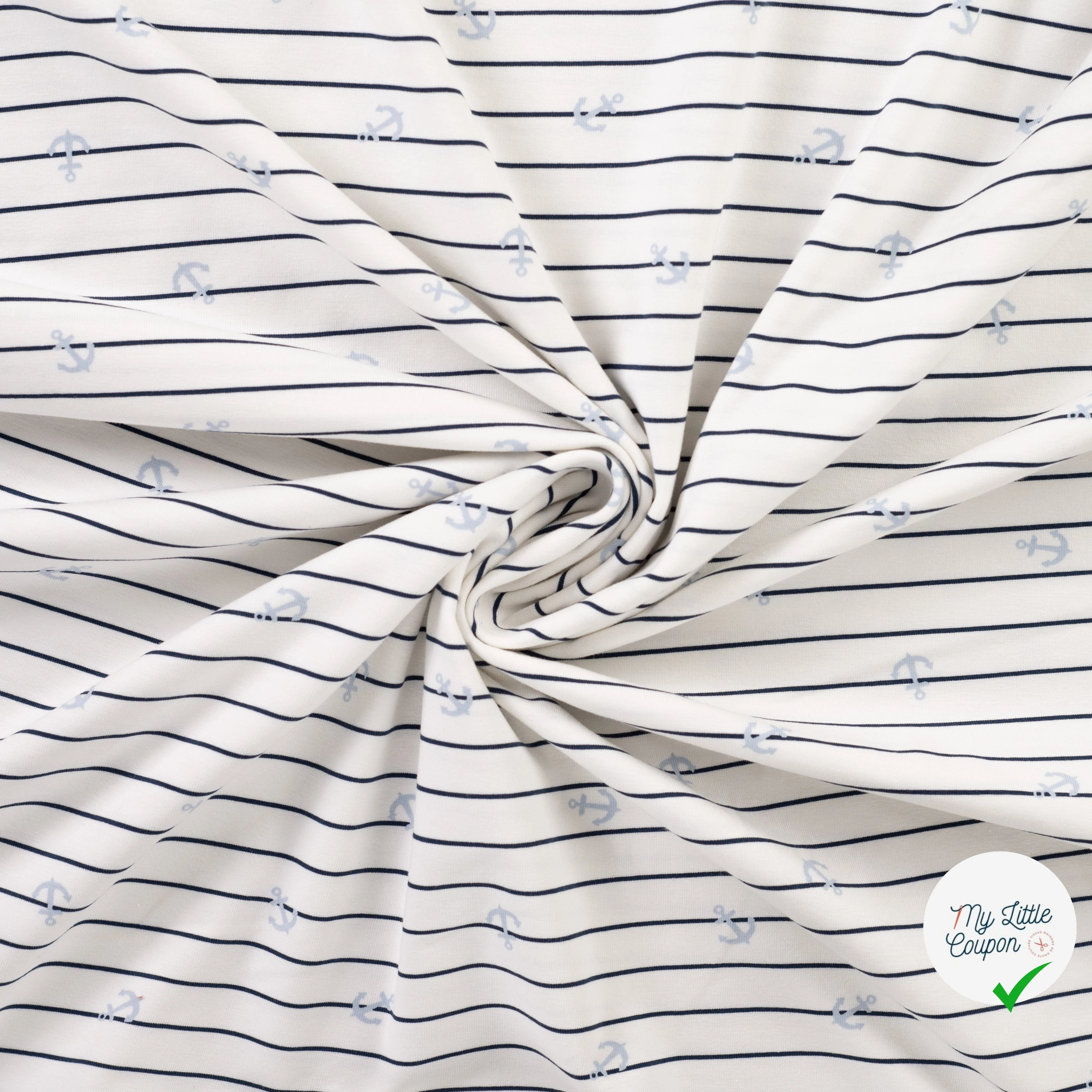 JERSEY DE COTON IMPRIMÉ ANCRES FOND BLEU MARINE - My Little Coupon