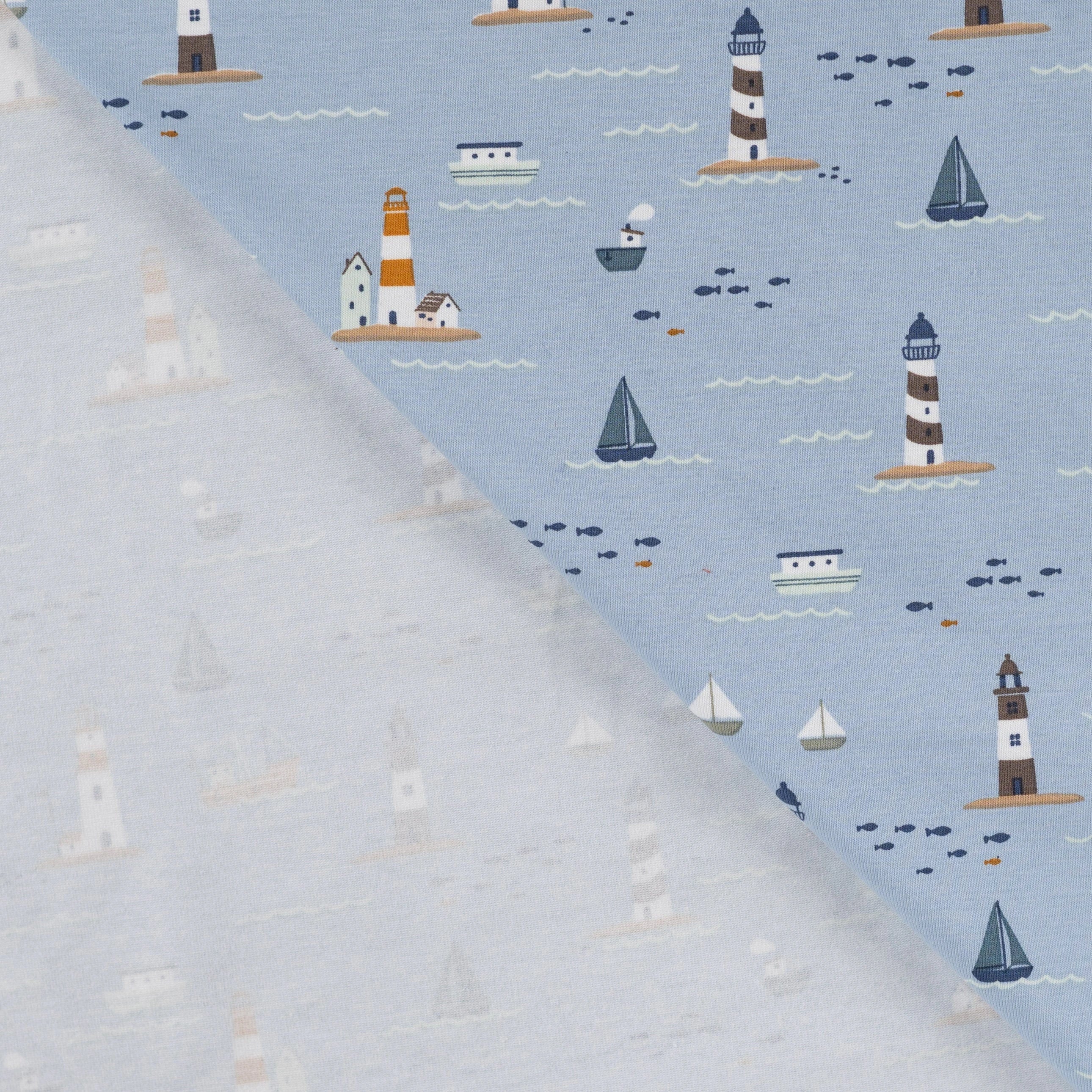 JERSEY DE COTON IMPRIMÉ BATEAUX MARINS FOND BLEU GRISÉ - My Little Coupon