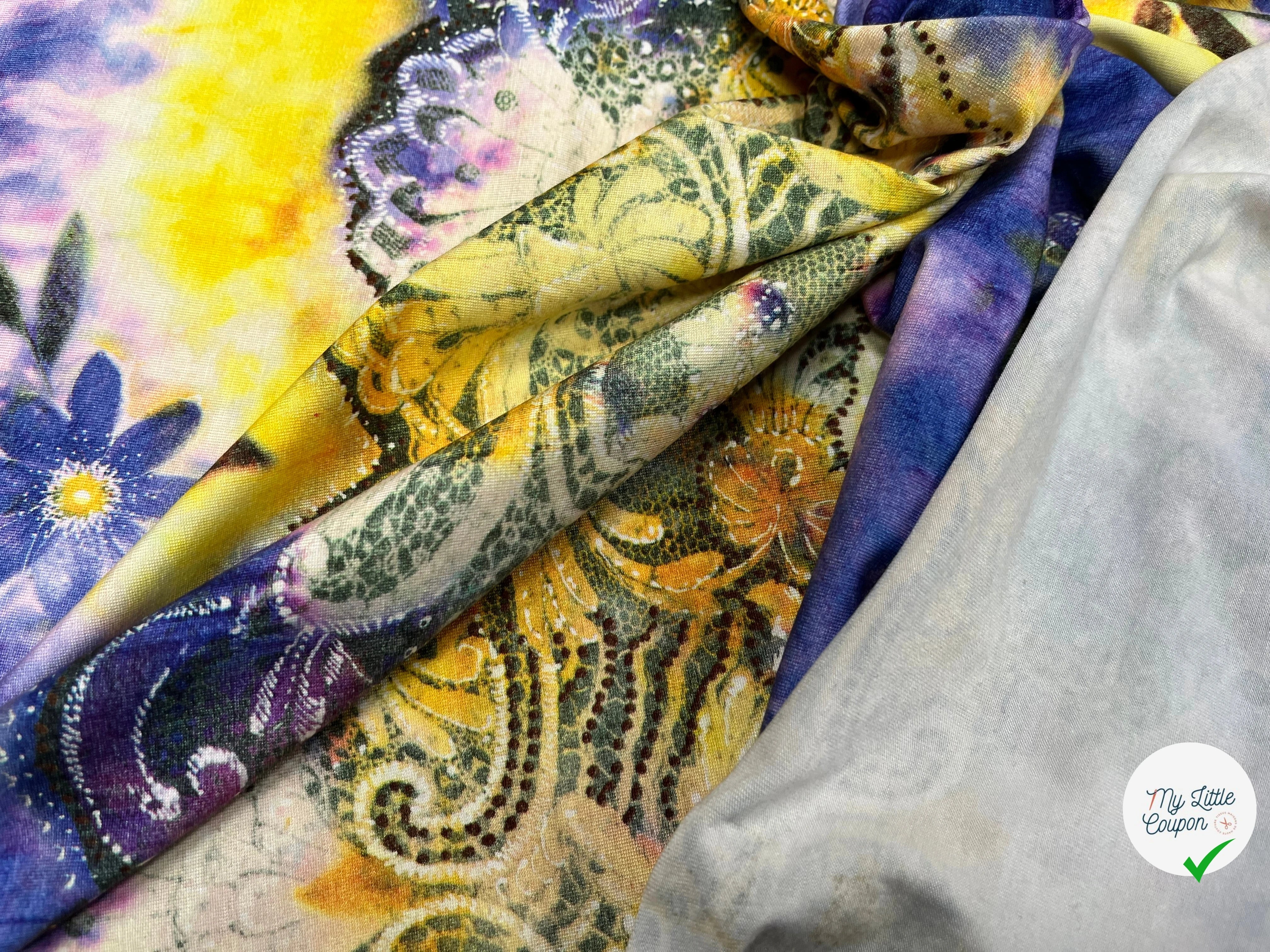 JERSEY DE COTON IMPRIMÉ FLEURS JAUNE&VIOLET - My Little Coupon