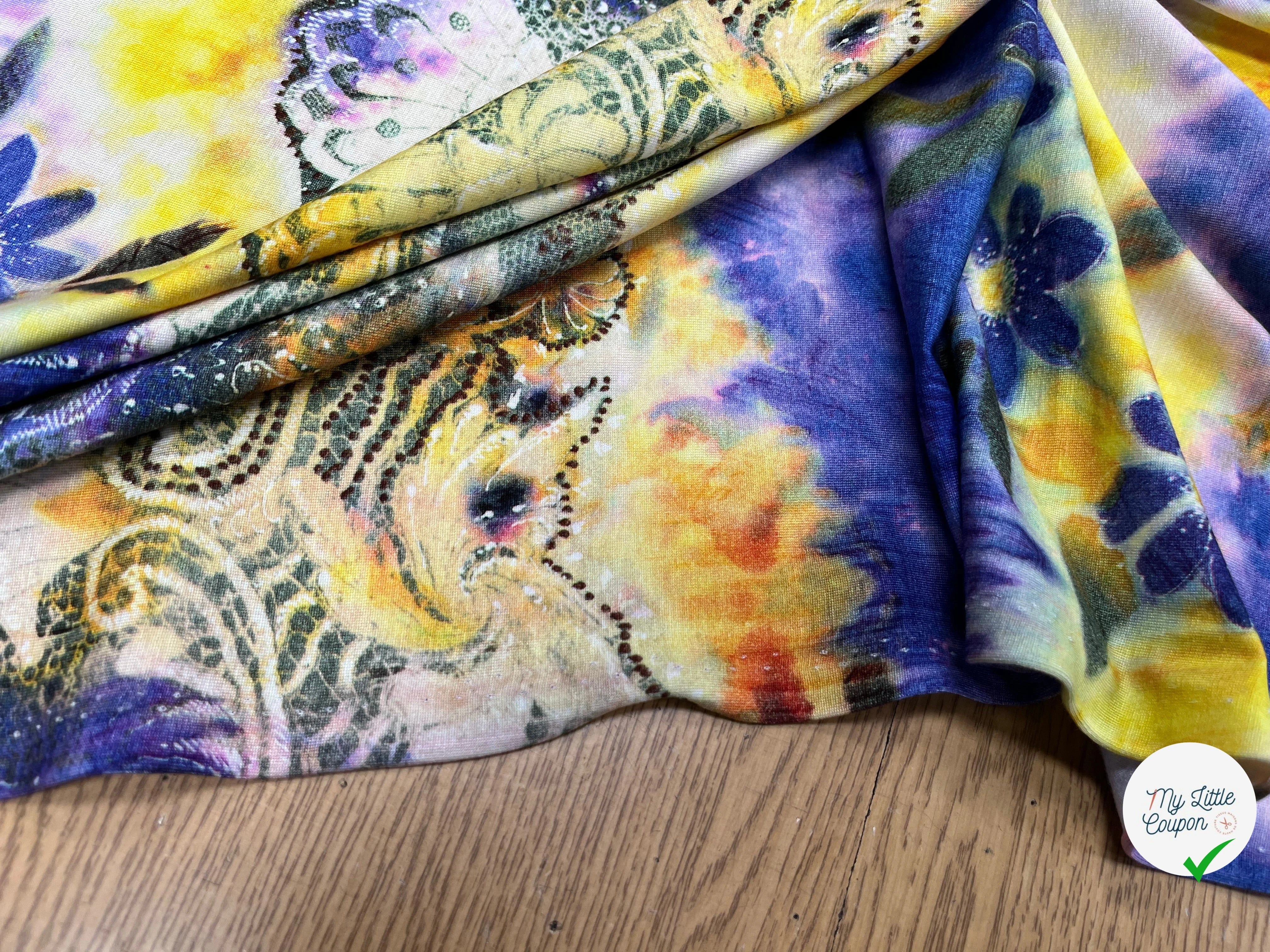 JERSEY DE COTON IMPRIMÉ FLEURS JAUNE&VIOLET - My Little Coupon