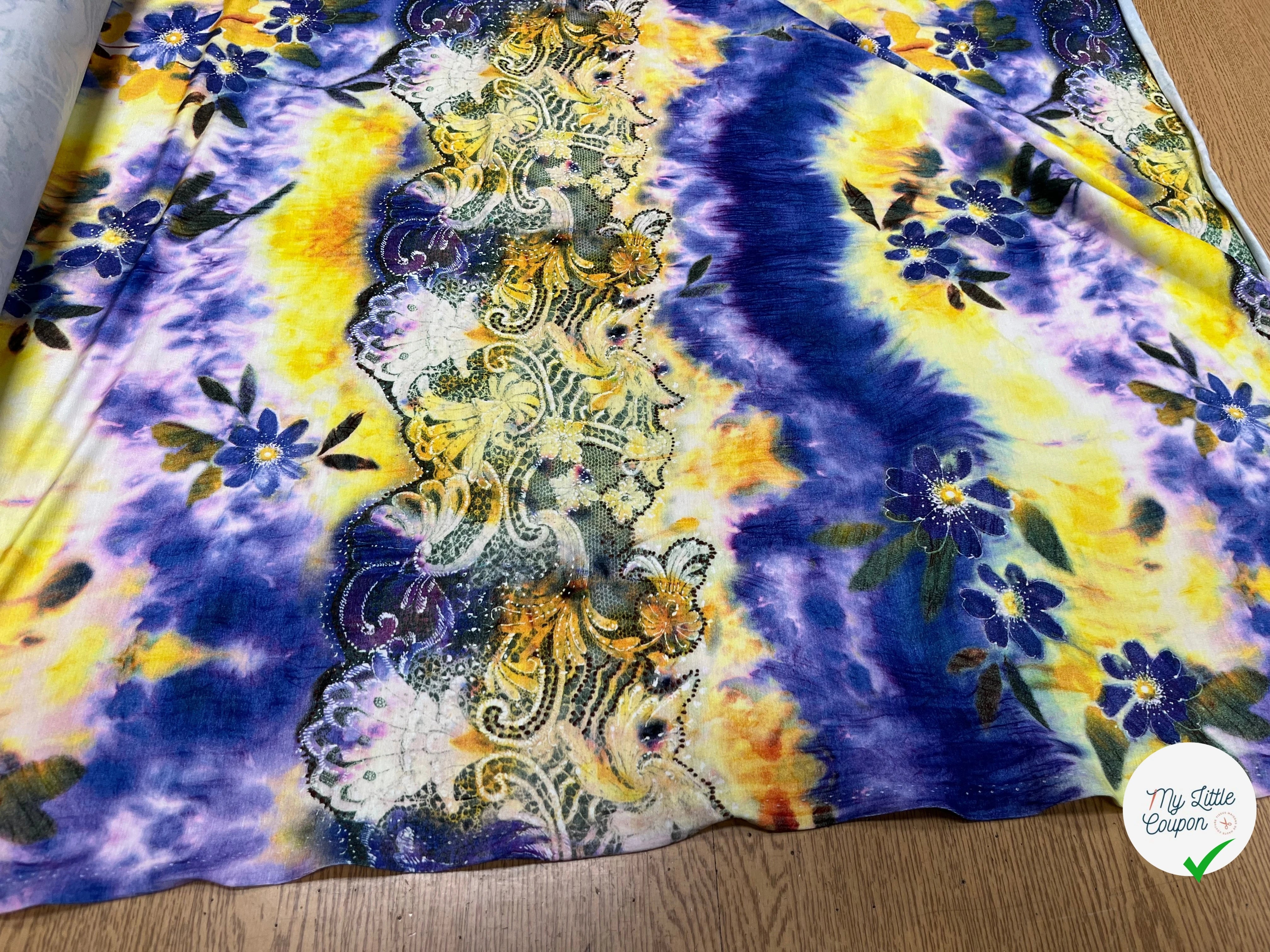 JERSEY DE COTON IMPRIMÉ FLEURS JAUNE&VIOLET - My Little Coupon