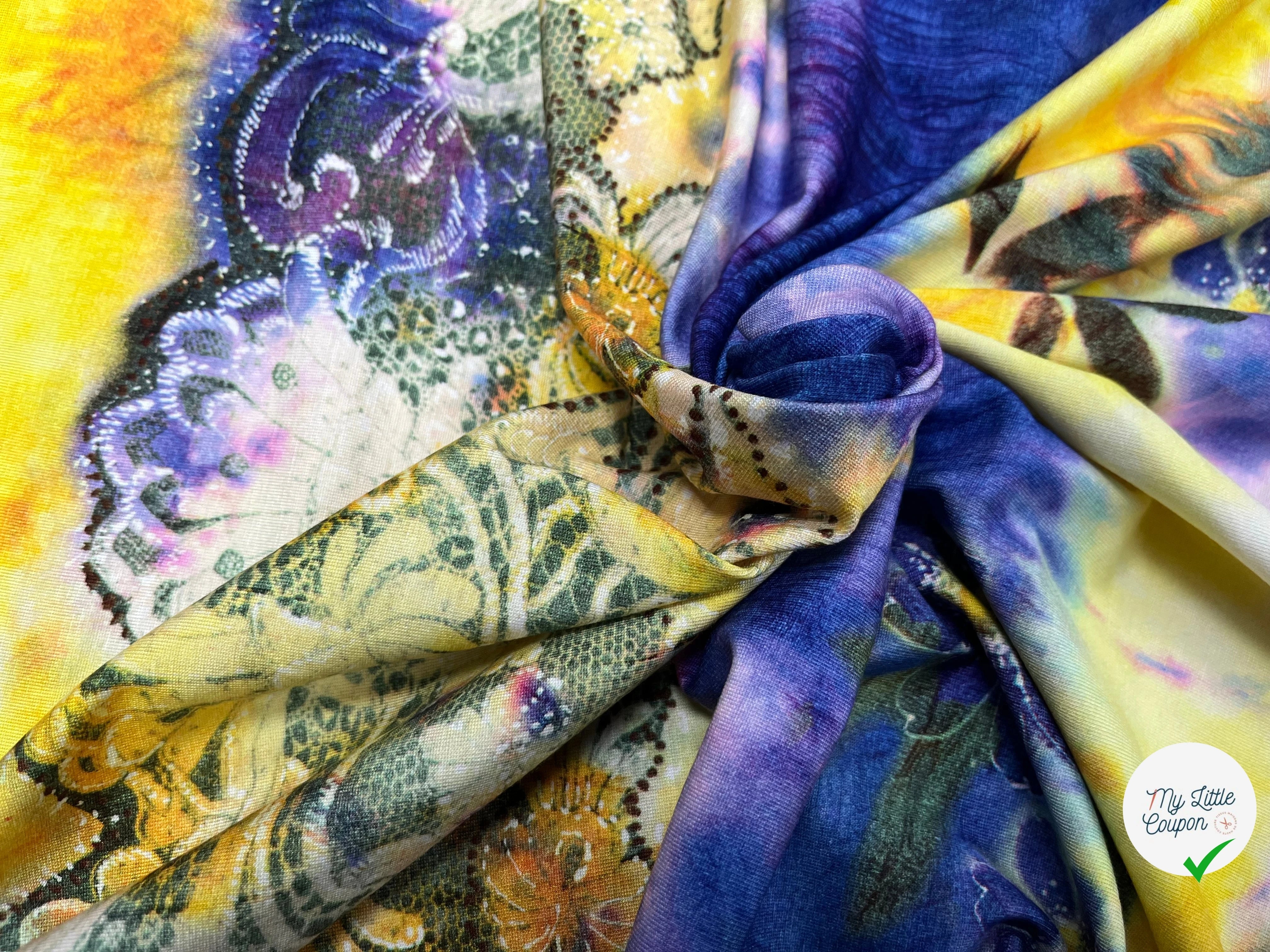 JERSEY DE COTON IMPRIMÉ FLEURS JAUNE&VIOLET - My Little Coupon