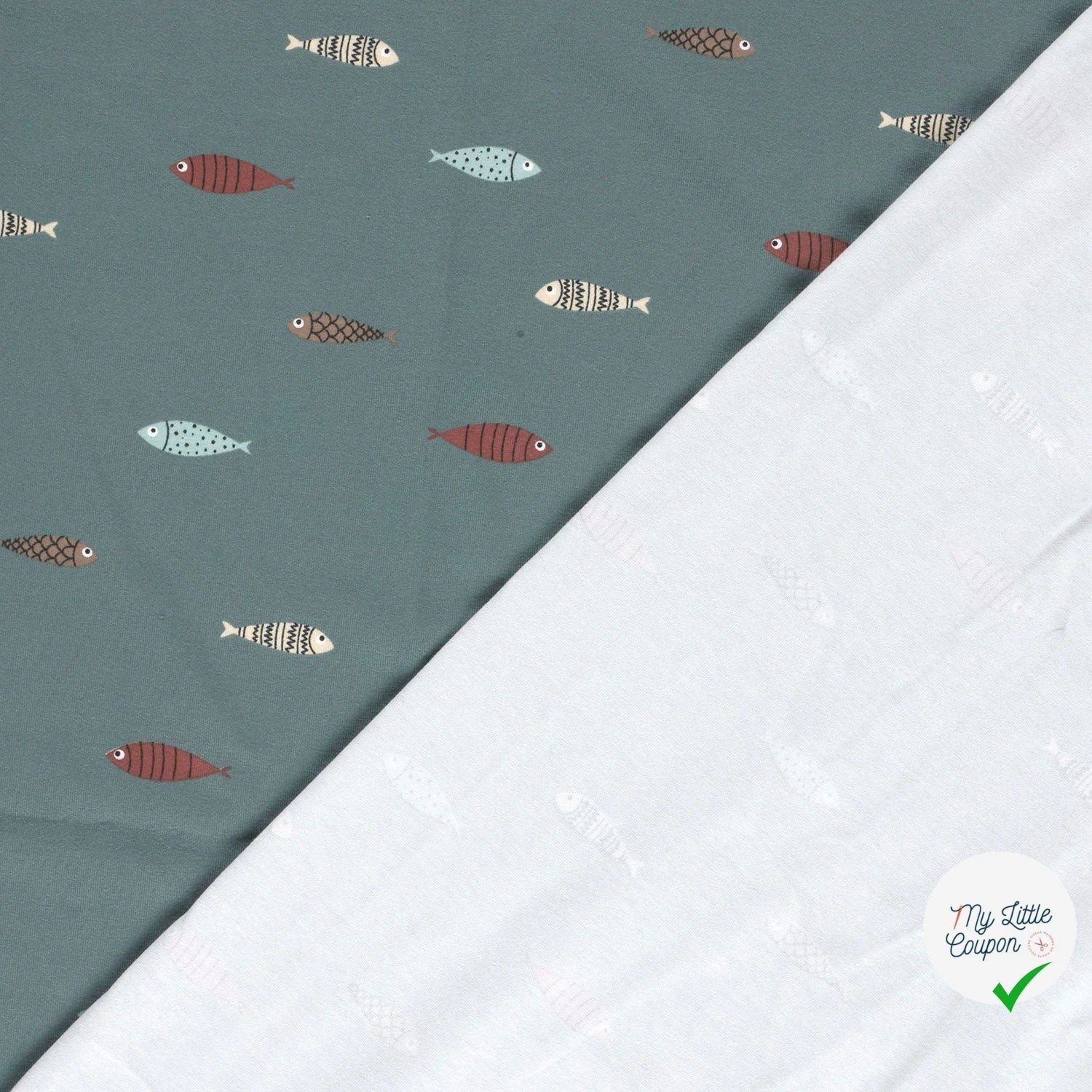 JERSEY DE COTON IMPRIMÉ POISSONS INDIGO - My Little Coupon