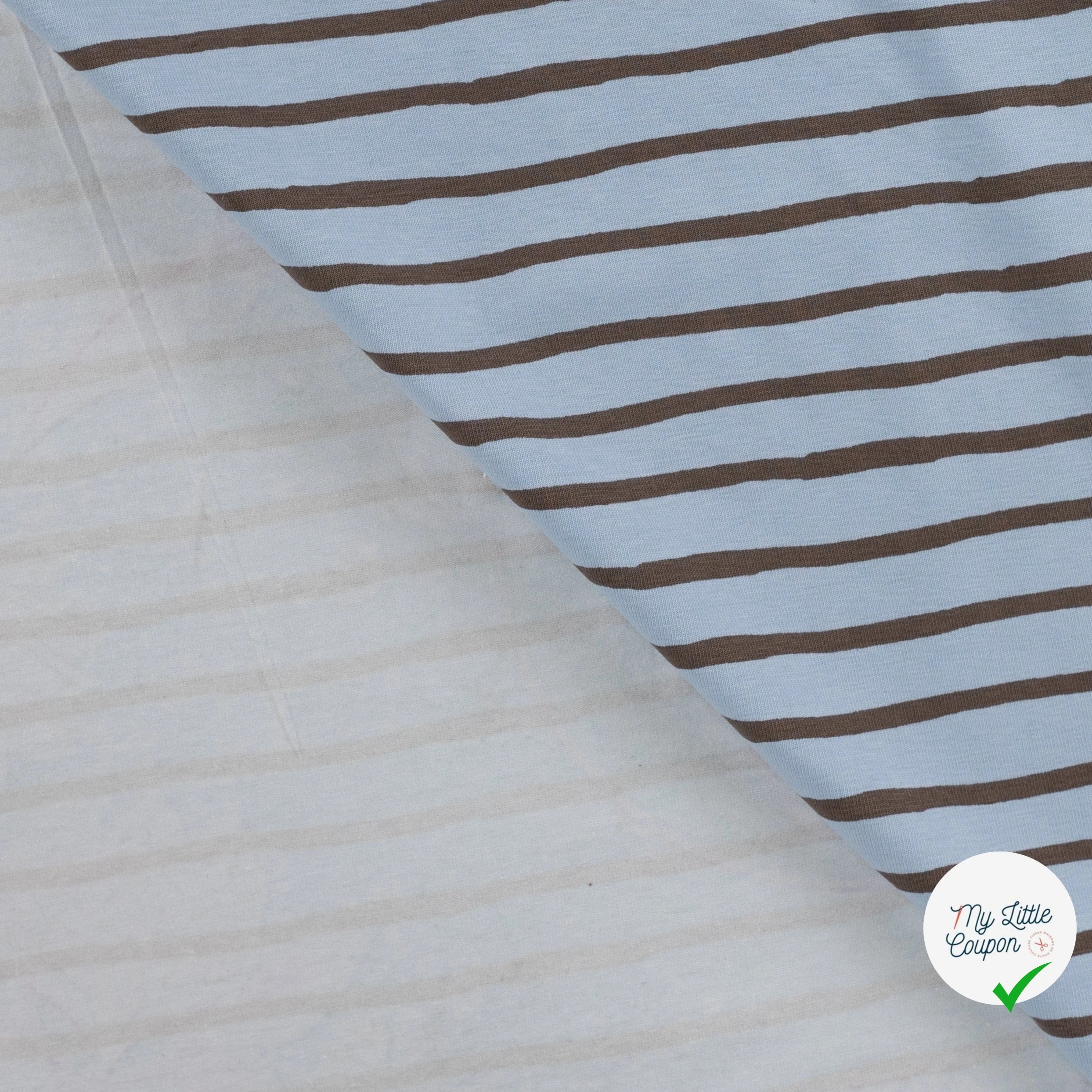 JERSEY DE COTON IMPRIMÉ RAYURES FOND BLEU GRISÉ - My Little Coupon