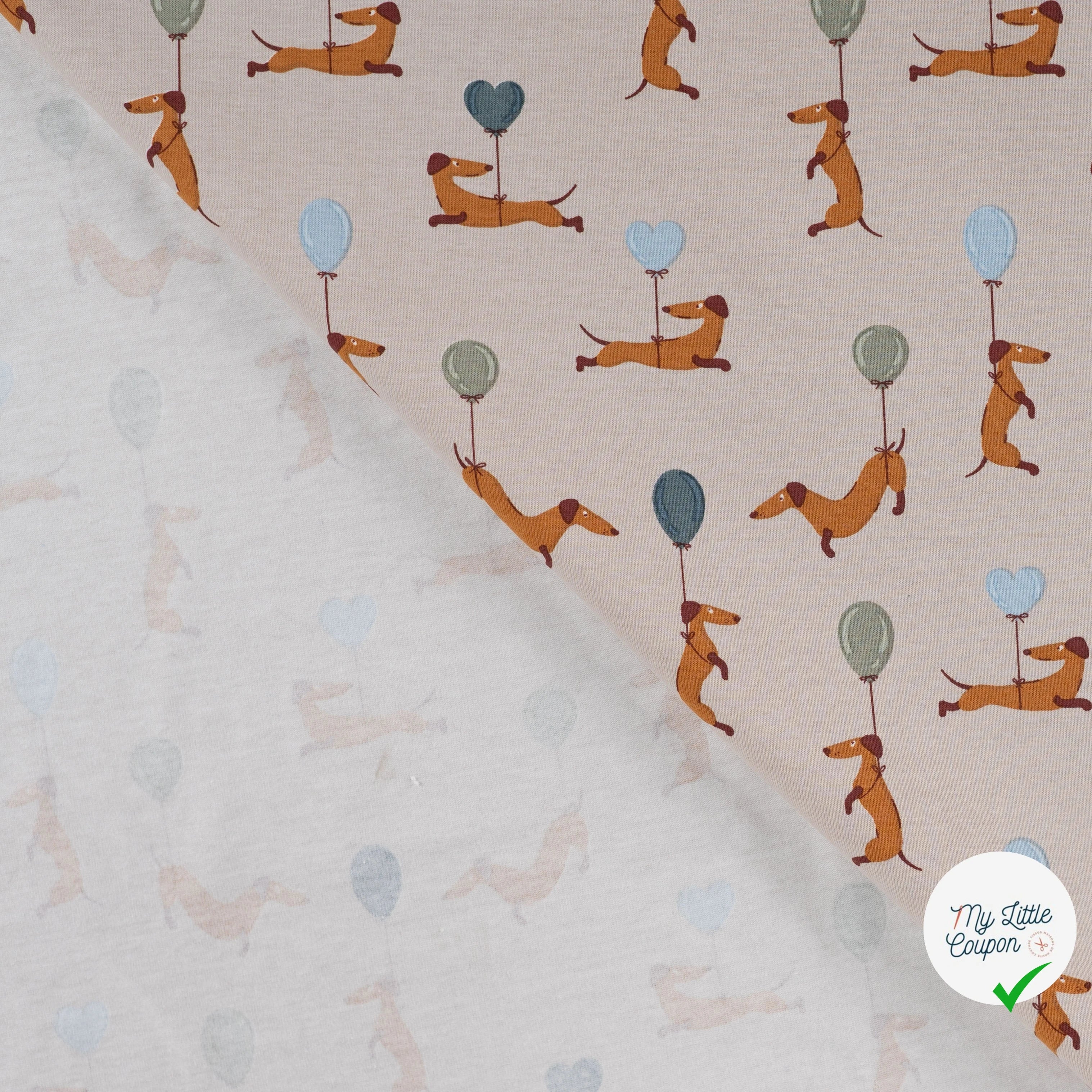 JERSEY DE COTON IMPRIMÉ TECKELS BALLONS FOND SABLE - My Little Coupon