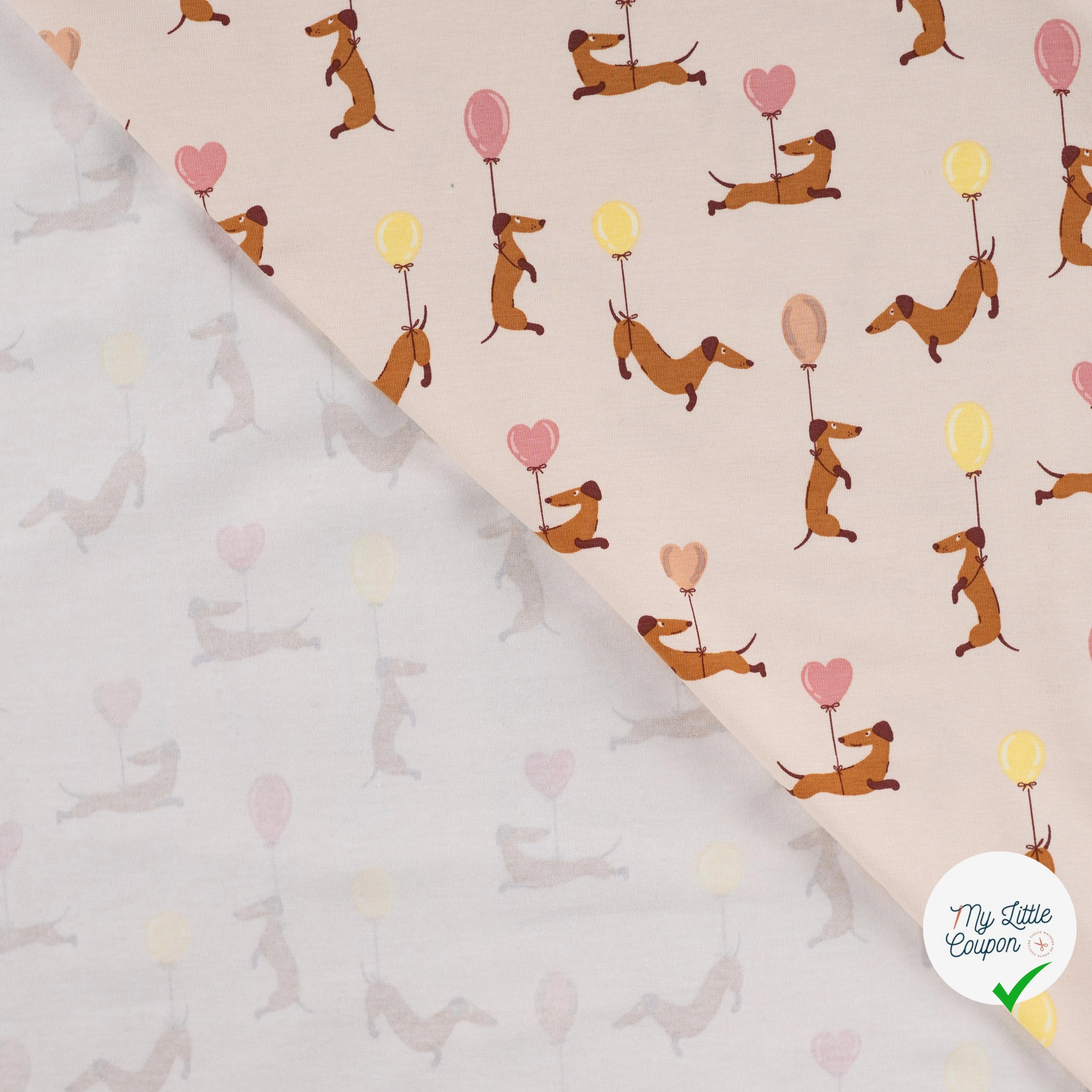 JERSEY DE COTON IMPRIMÉ TECKELS BALLONS FOND SABLE PLAGE - My Little Coupon