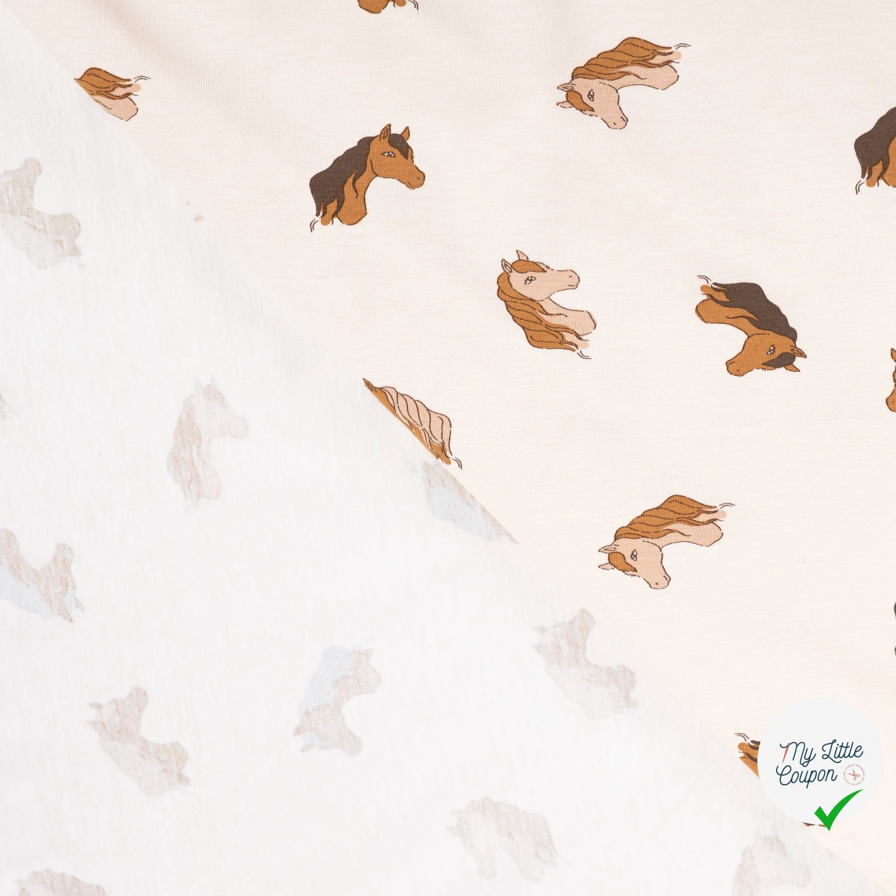 JERSEY DE COTON IMPRIMÉ TETE DE CHEVAUX FOND SABLE - My Little Coupon