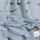 JERSEY DE COTON IMPRIMÉ VÉHICULES DE CHANTIER FOND BLEU GRISÉ - My Little Coupon