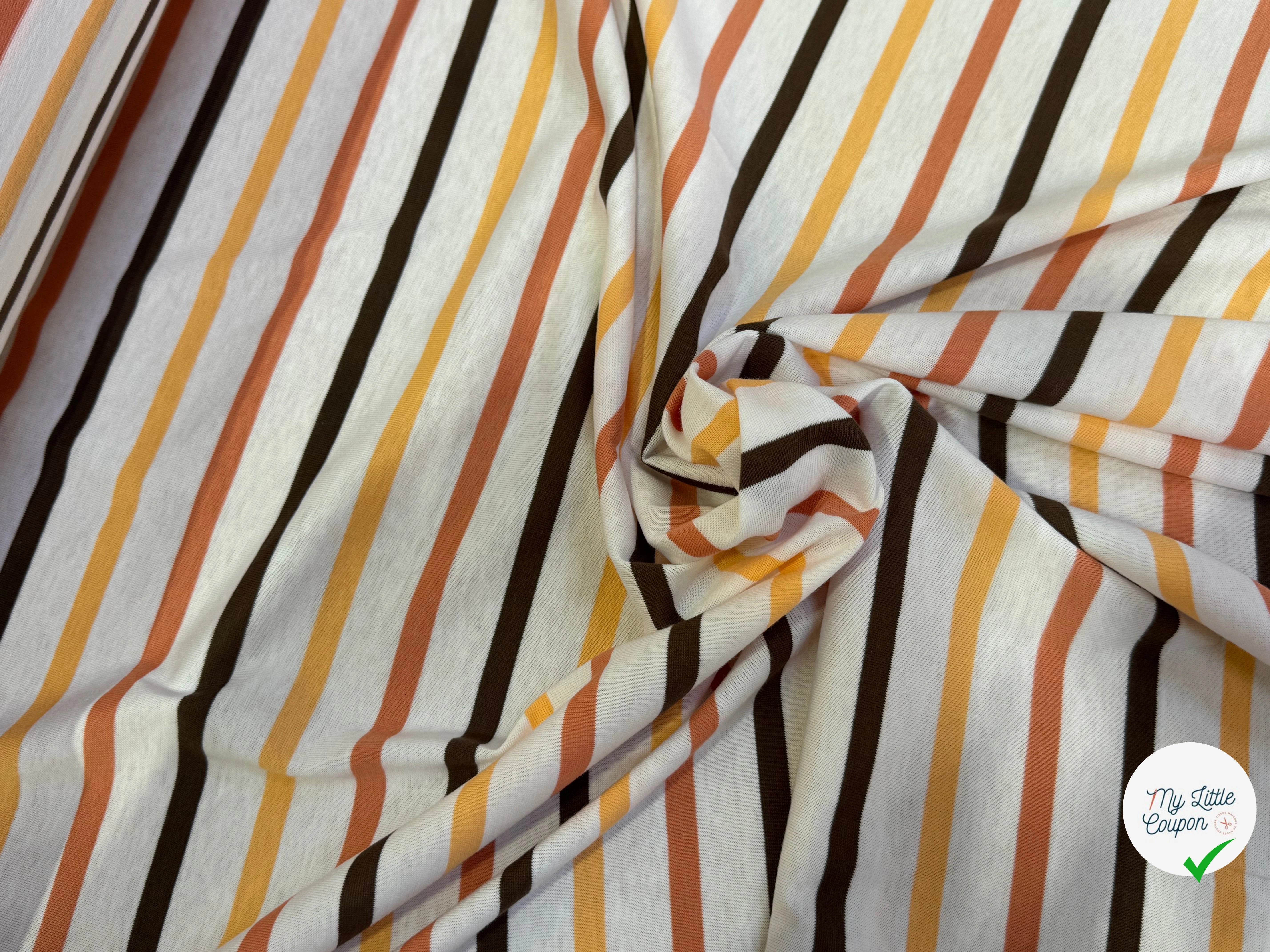 JERSEY DE COTON SUPER DOUX STRETCH RAYURES MULTICOLORES ORANGE JAUNE NOIR FABRICATION RÉGION DE TROYES 🇫🇷 - My Little Coupon