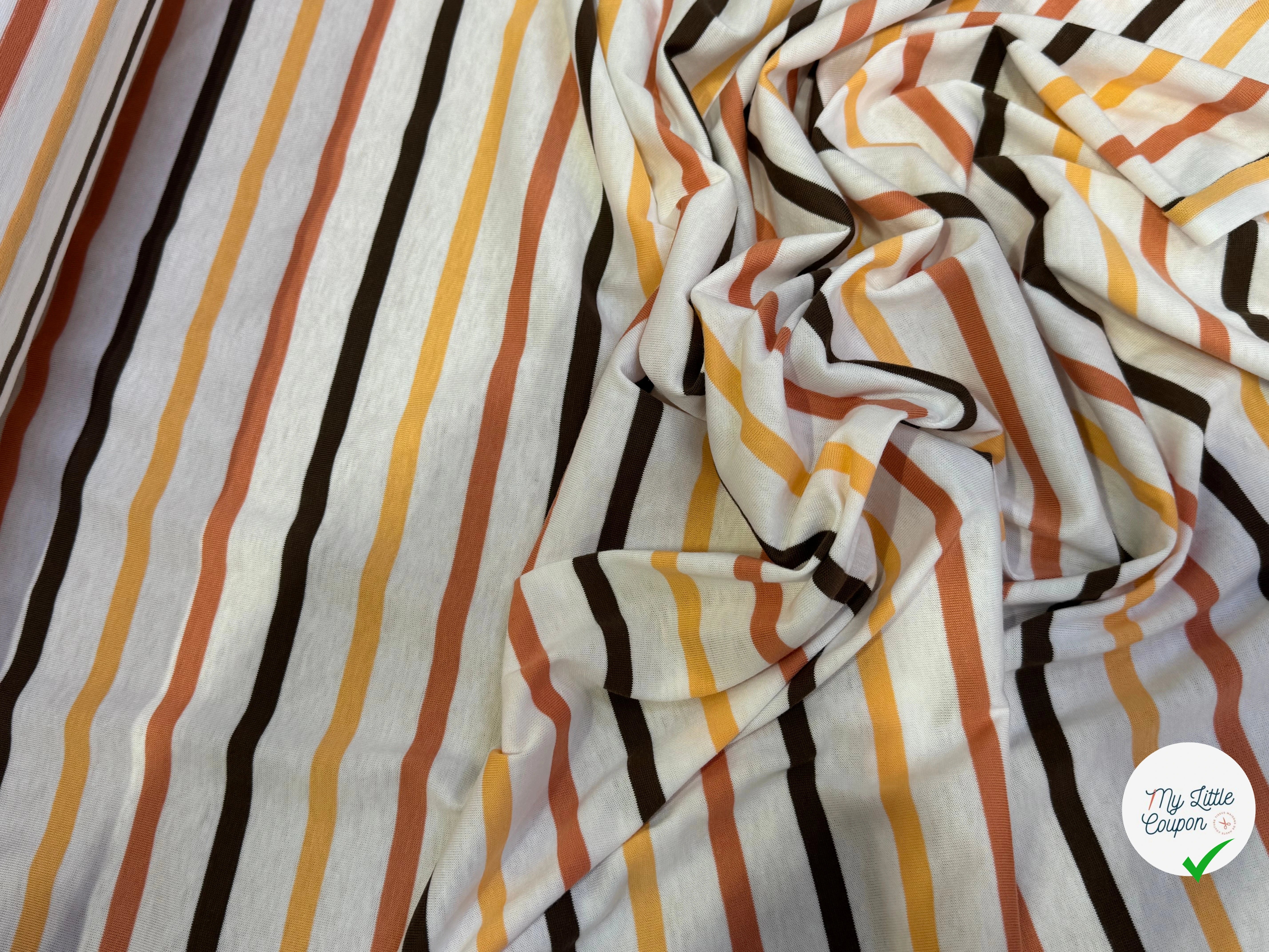 JERSEY DE COTON SUPER DOUX STRETCH RAYURES MULTICOLORES ORANGE JAUNE NOIR FABRICATION RÉGION DE TROYES 🇫🇷 - My Little Coupon