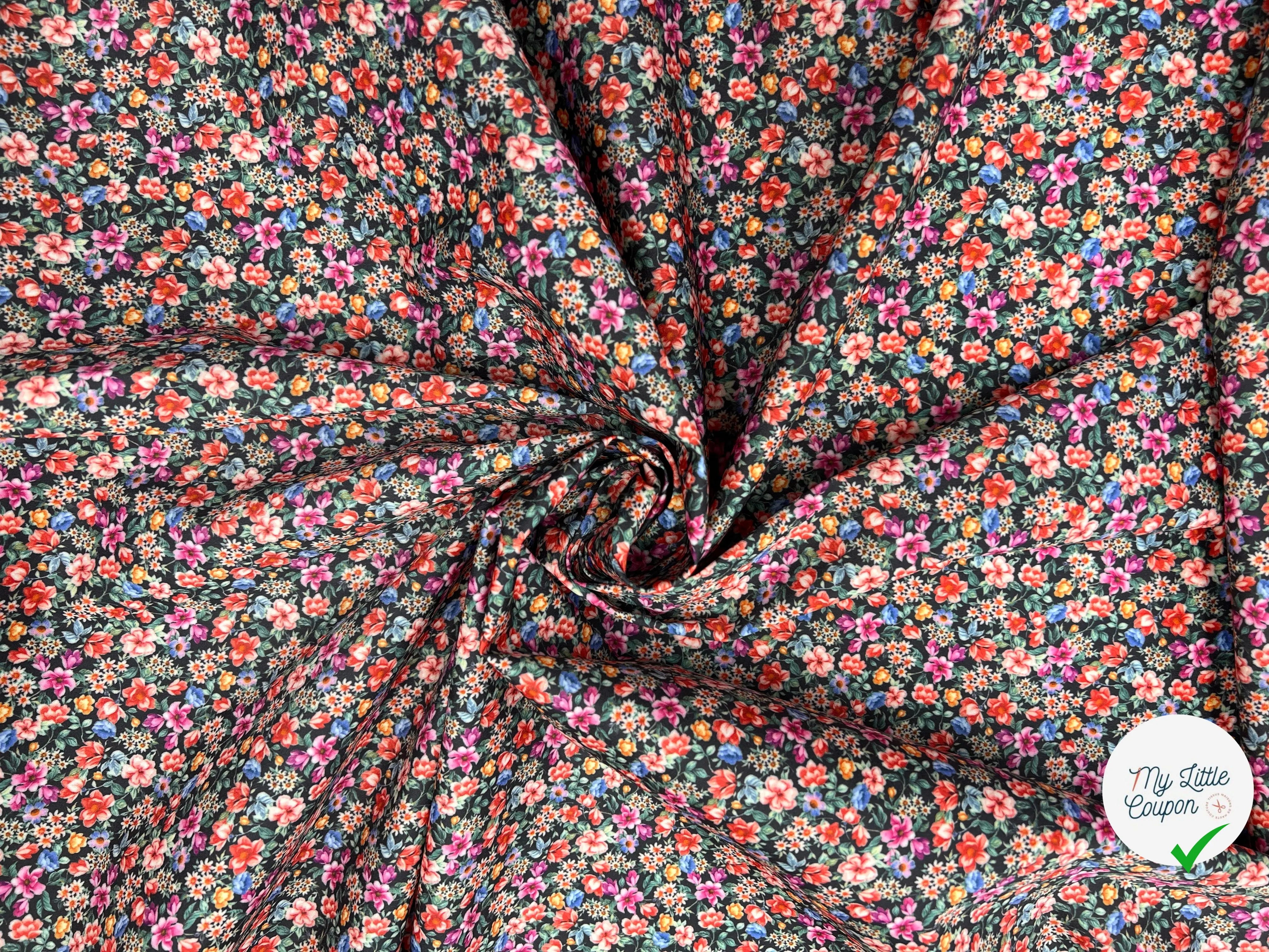 JERSEY STRETCH PETITES FLEURS MIGNONETTES FOND NOIR - My Little Coupon - tissu - coudre
