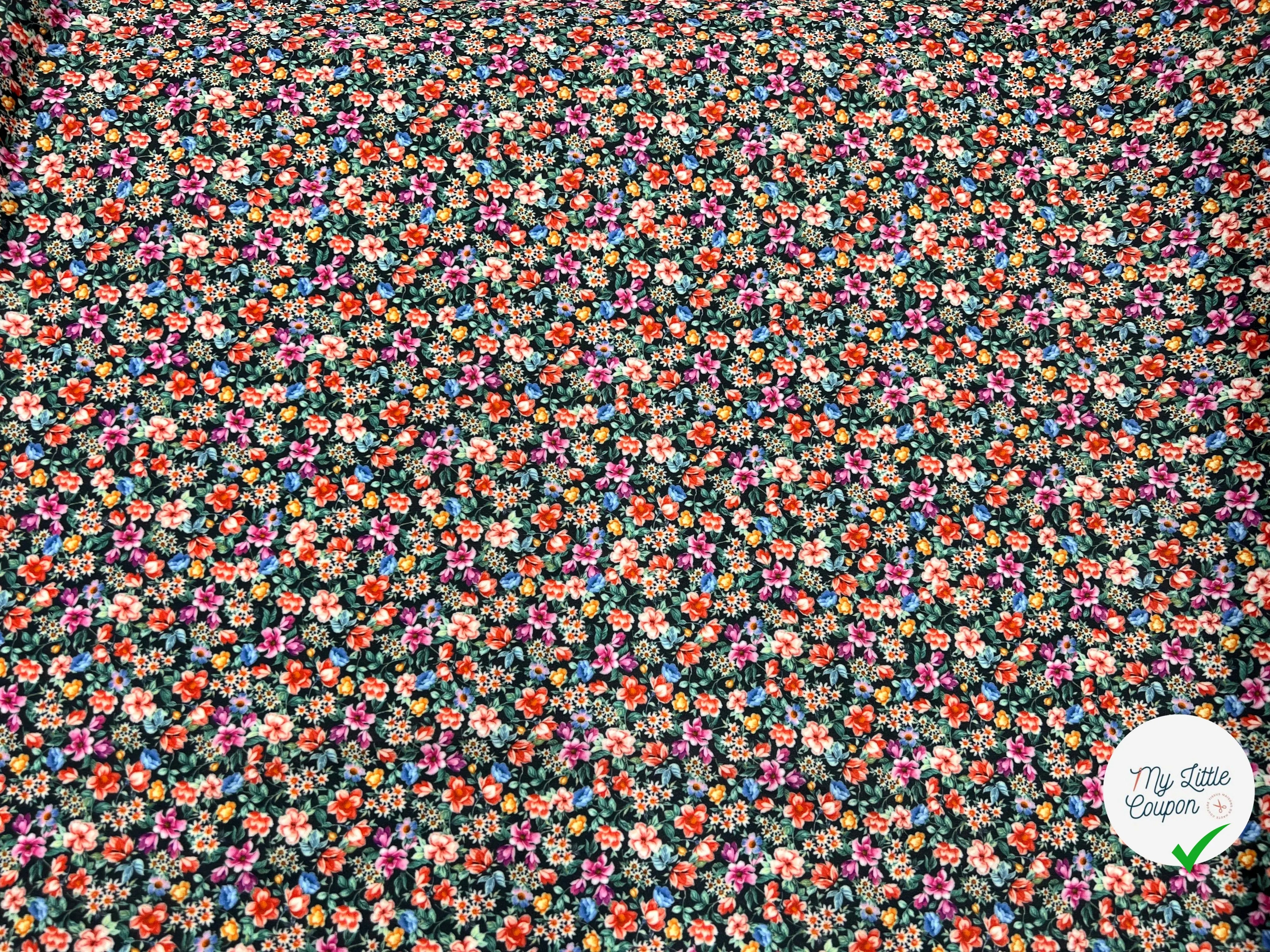 JERSEY STRETCH PETITES FLEURS MIGNONETTES FOND NOIR - My Little Coupon - tissu - coudre