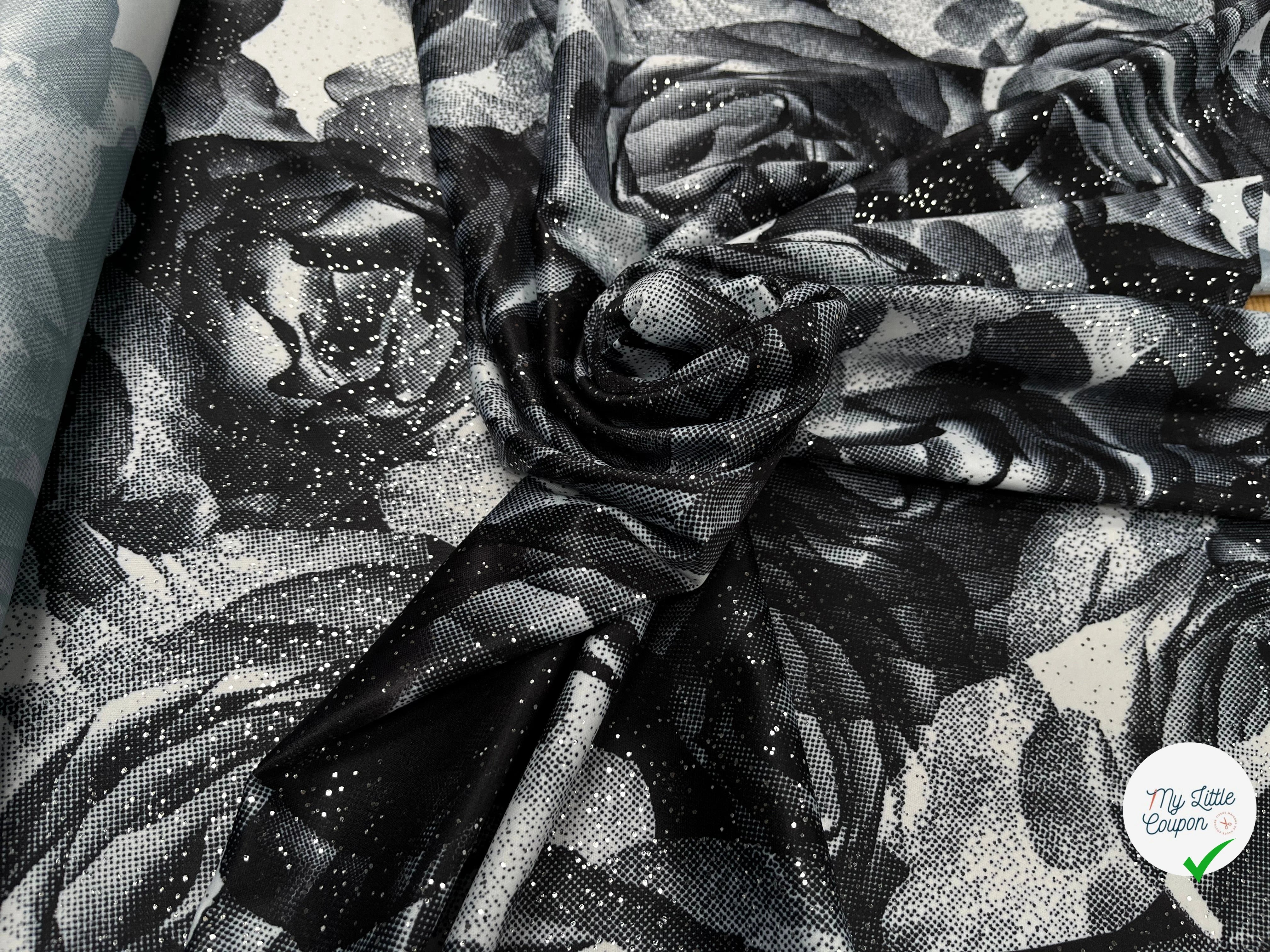 JESRSEY FLUIDE IMPRIMÉ GROSSES FLEURS BLANC&NOIR AVEC BRILLANTINE ARGENTÉ - My Little Coupon