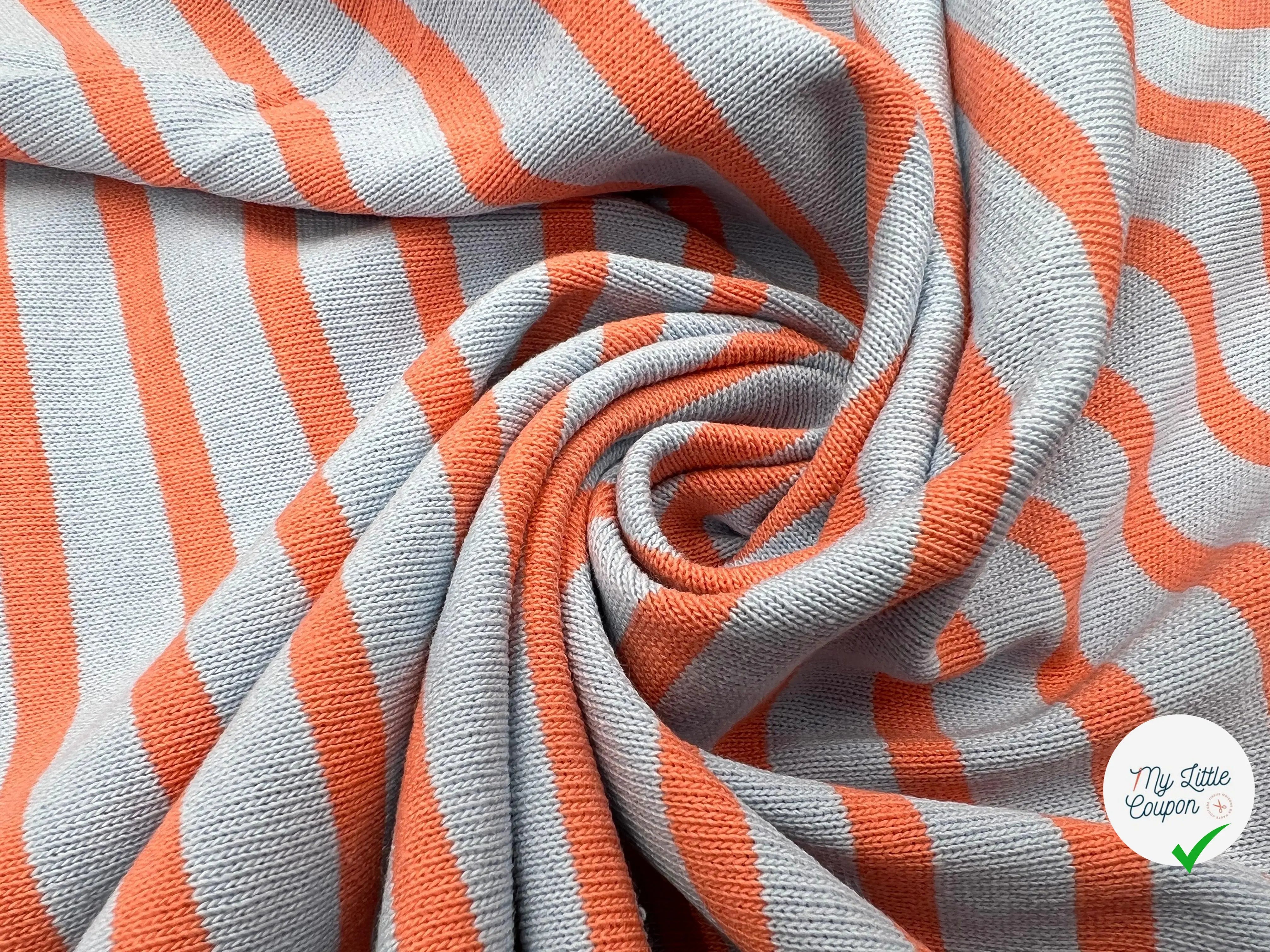 MAILLE COTON LOURDE RAYURES BLEU GRIS ET ORANGE - My Little Coupon - tissu - coudre