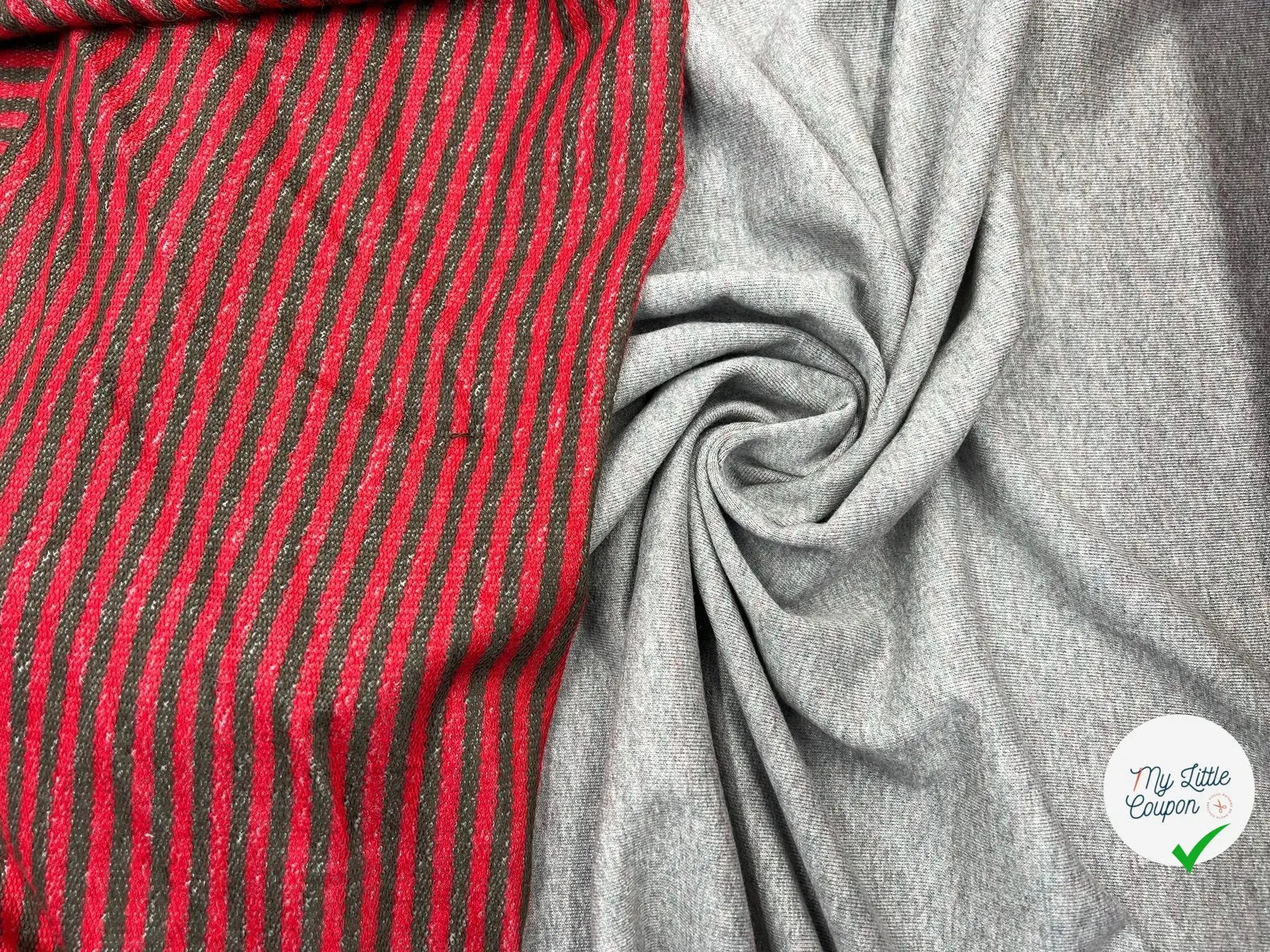 MAILLE COTON LOURDE RÉVERSIBLE GRIS UNI A RAYURES ROUGE/MARRON - My Little Coupon - tissu - coudre